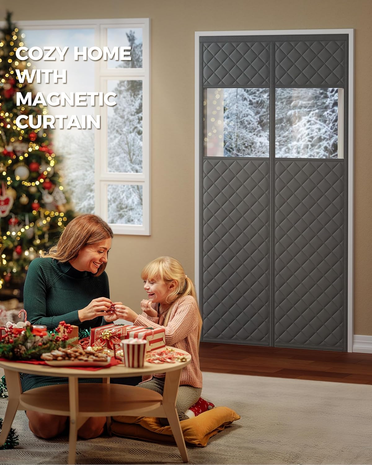 Augblinds Magnetic Thermal Insulated Door Curtain Fits Door Size 36" x 82", Oxford Cloth Thicken Cotton Fiber Filled, Self-closing Screen Insulation Cover Keep Warm in Winter, with Clear Windows, Grey