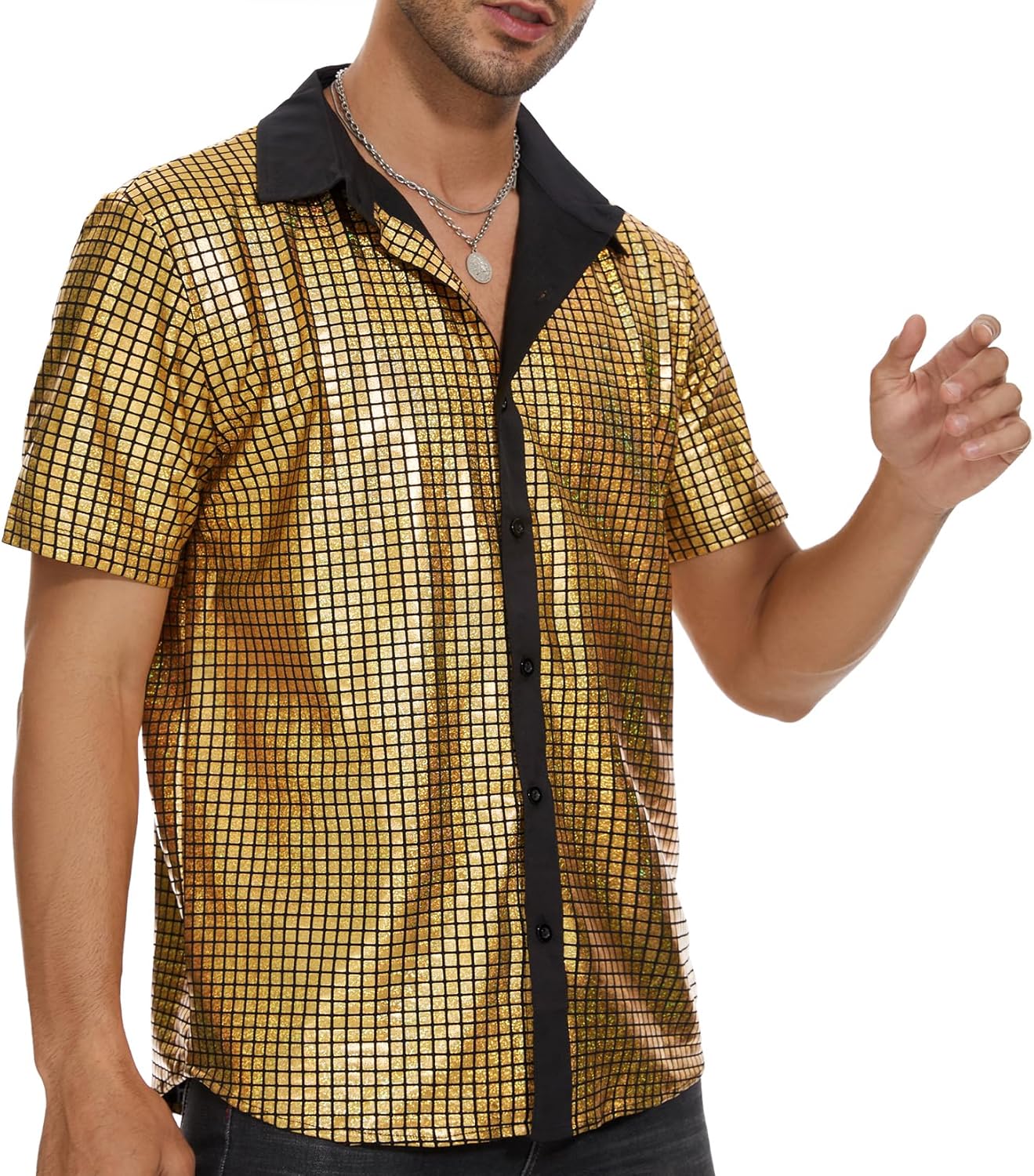 Century Star 70s 80s Disco Outfits Shirt for Men-Vintage Metallic Button Up Party Shirts - Image 3