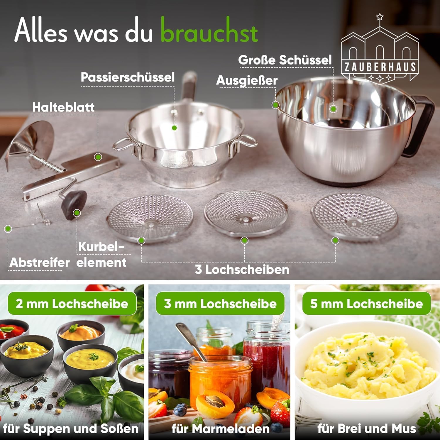 Pasapures Acero Inoxidable, Molinillo De Verduras Manual Machacador De Patatas Pasapurés con 3 Colador Fino para Mermeladas, Purés De Verduras