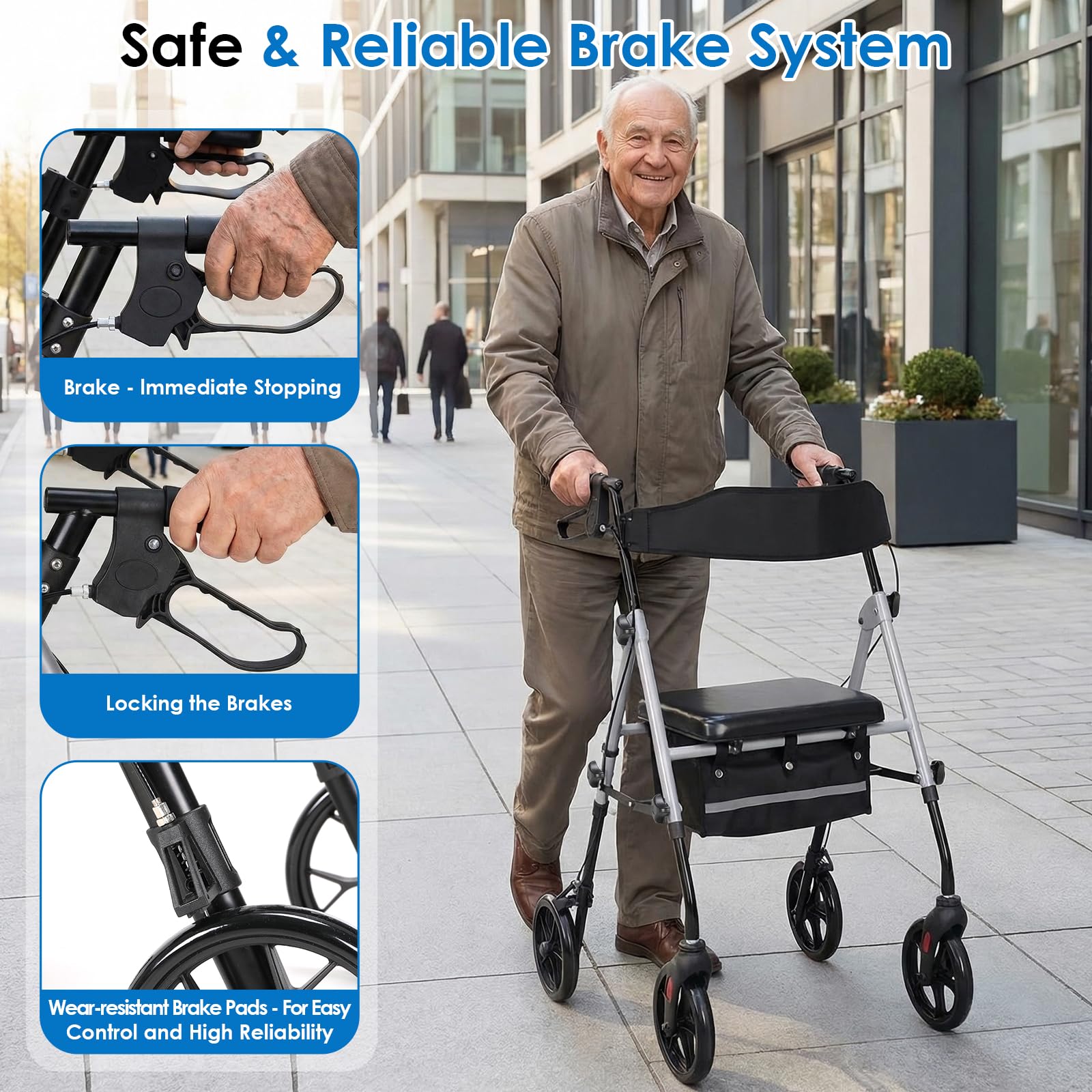Andador para Ancianos, 4 Ruedas Andadores Adultos Plegable con Asiento | para Todo Terreno, Regulable en Altura Asiento y Mango de Altura, Frenos Manuales y Bloqueables, con Bolsa de Almacenamiento