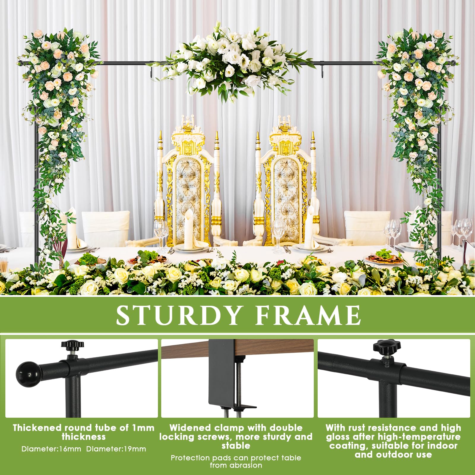 tonchean Barre de suspension de table avec pinces - Longueur jusqu'à 248 cm, hauteur 74-103 cm, barre de présentation de table, support de serrage en métal noir pour décorations, mariage, anniversaire