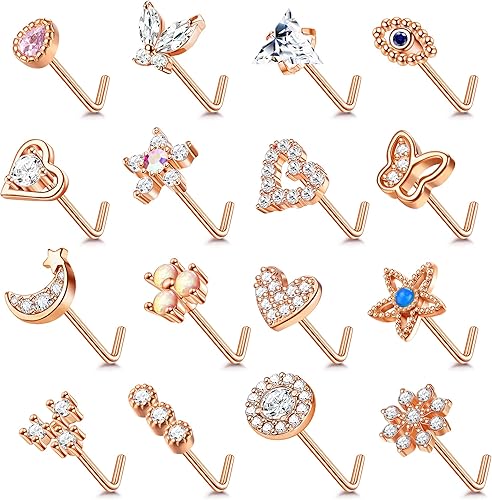YADOCA 16 piercings de nariz de acero quirúrgico de 0.71 oz en forma de L, aretes de nariz para mujer, ópalo CZ corazón, mariposa, nariz, joyería de