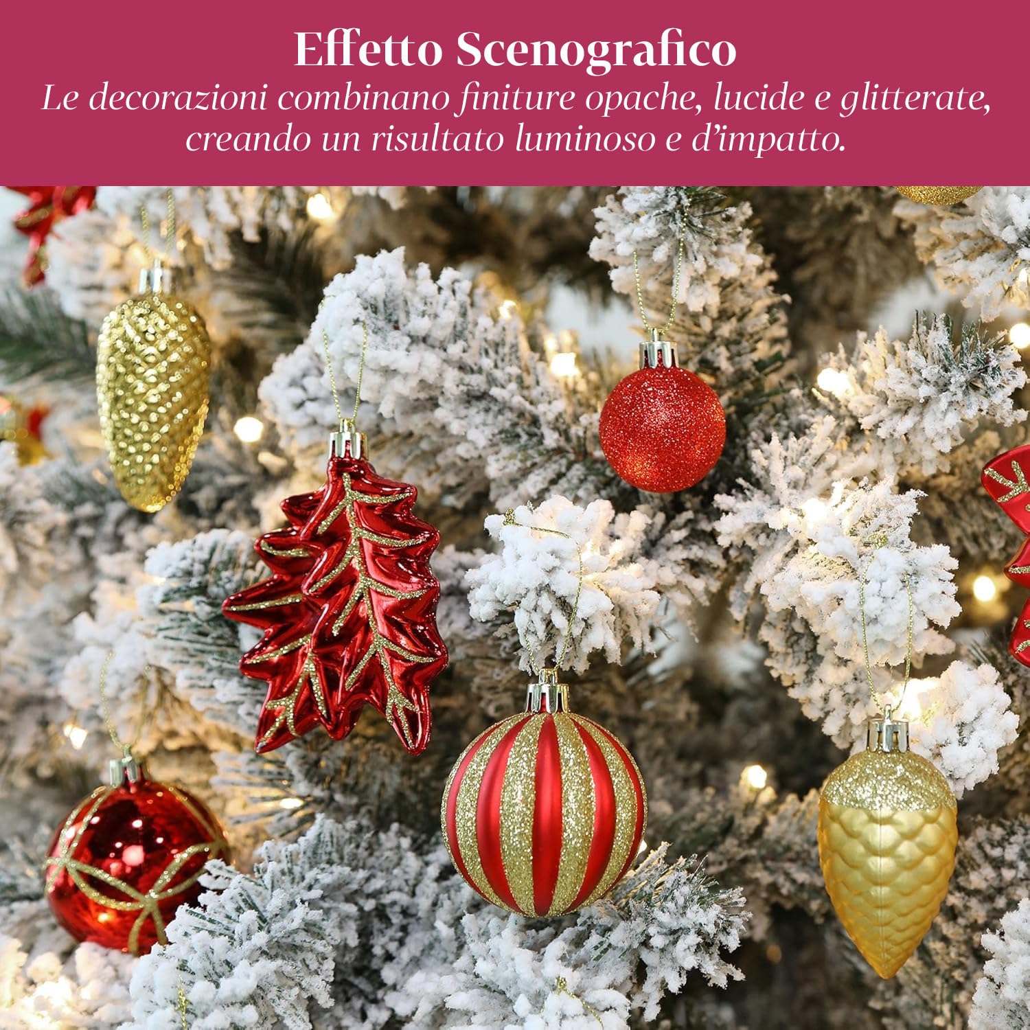 Wintem Lot de 106 décorations d'arbre de Noël en Rouge et Or avec balles, Fleurs et étoiles incassables pour décorations de Noël coordonnées, faciles à accrocher et à réutiliser