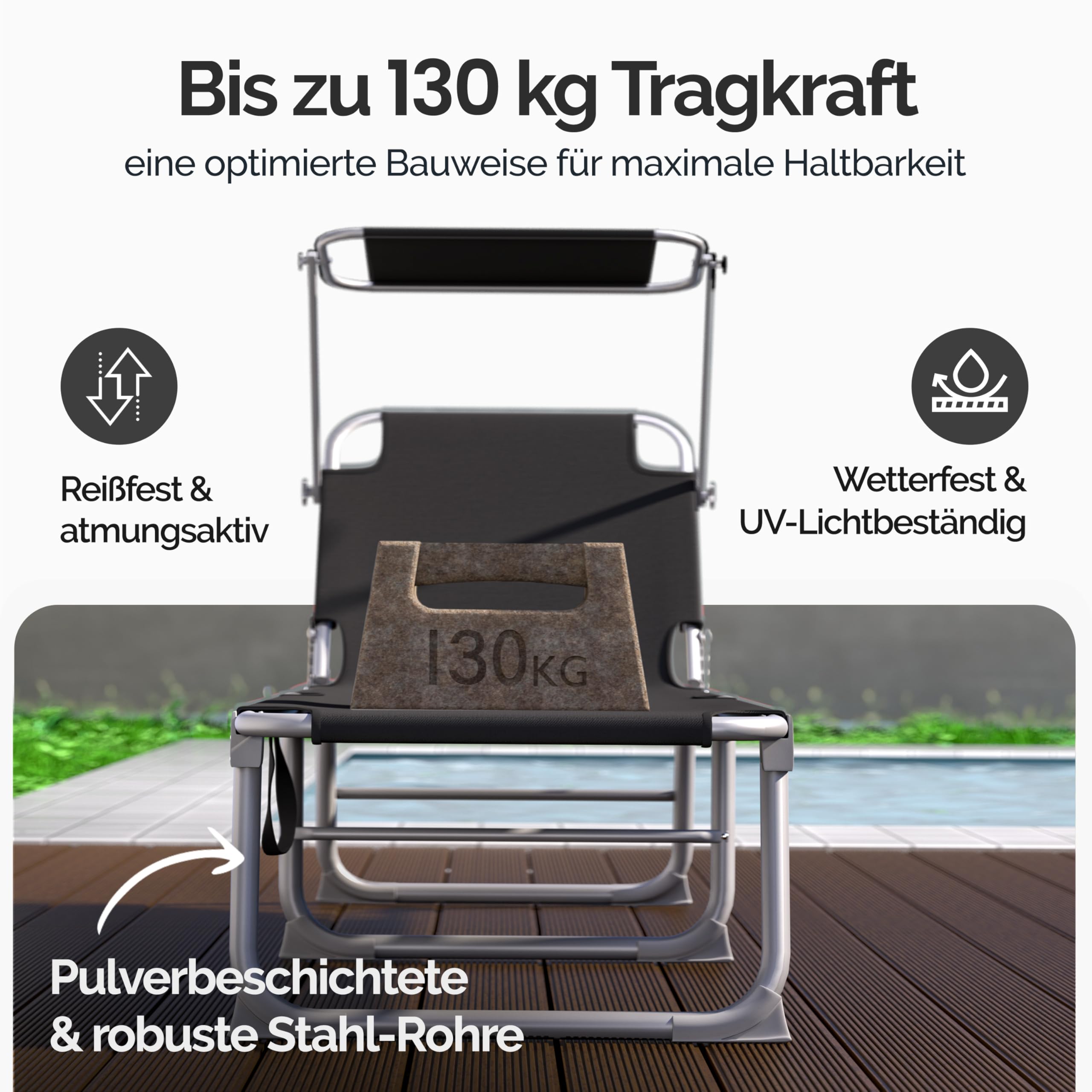 Casaria Sonnenliege klappbar mit Sonnendach wetterfest Grau | Aluminium, 190x60 cm, 130 kg Belastbar, tragbar, Garten, Pool, belastbar, Liegestuhl, Klappliege