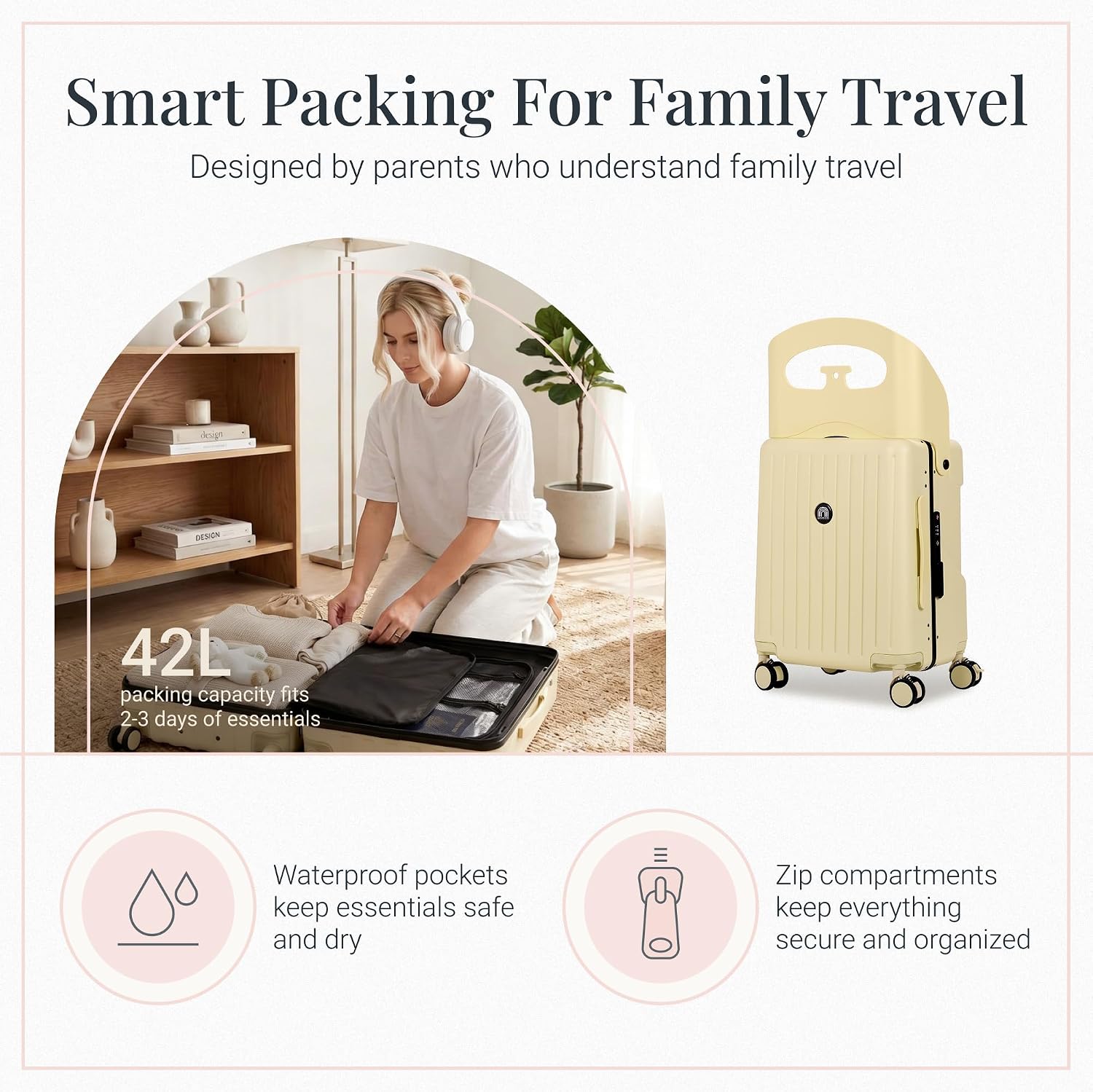 RAINRO & CO 20" Ride-On Carry-On Luggage with Built-In Seat for Kids Ages 3–5 & Adults, Lightweight Durable Hardshell Suitcase with Spinner Wheels & TSA Lock (Butter Beige)