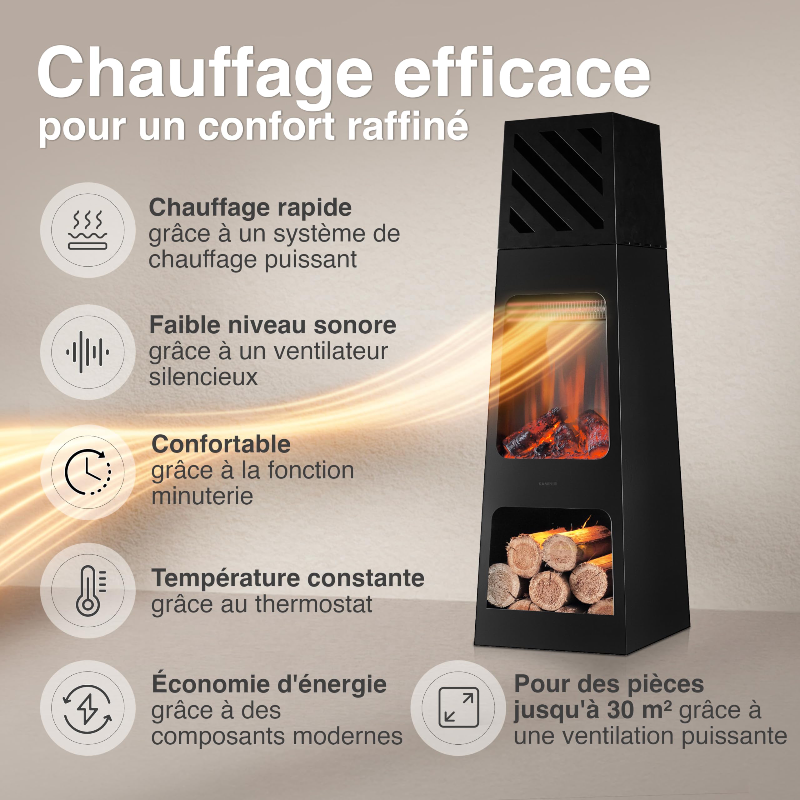 KAMINIO Cheminée électrique de Jardin Kai - Brasero électrique d'extérieur avec Chauffage, Effet de Flamme 3D, lumière d' Ambiance LED, casier à Bois, télécommande (X-Large)