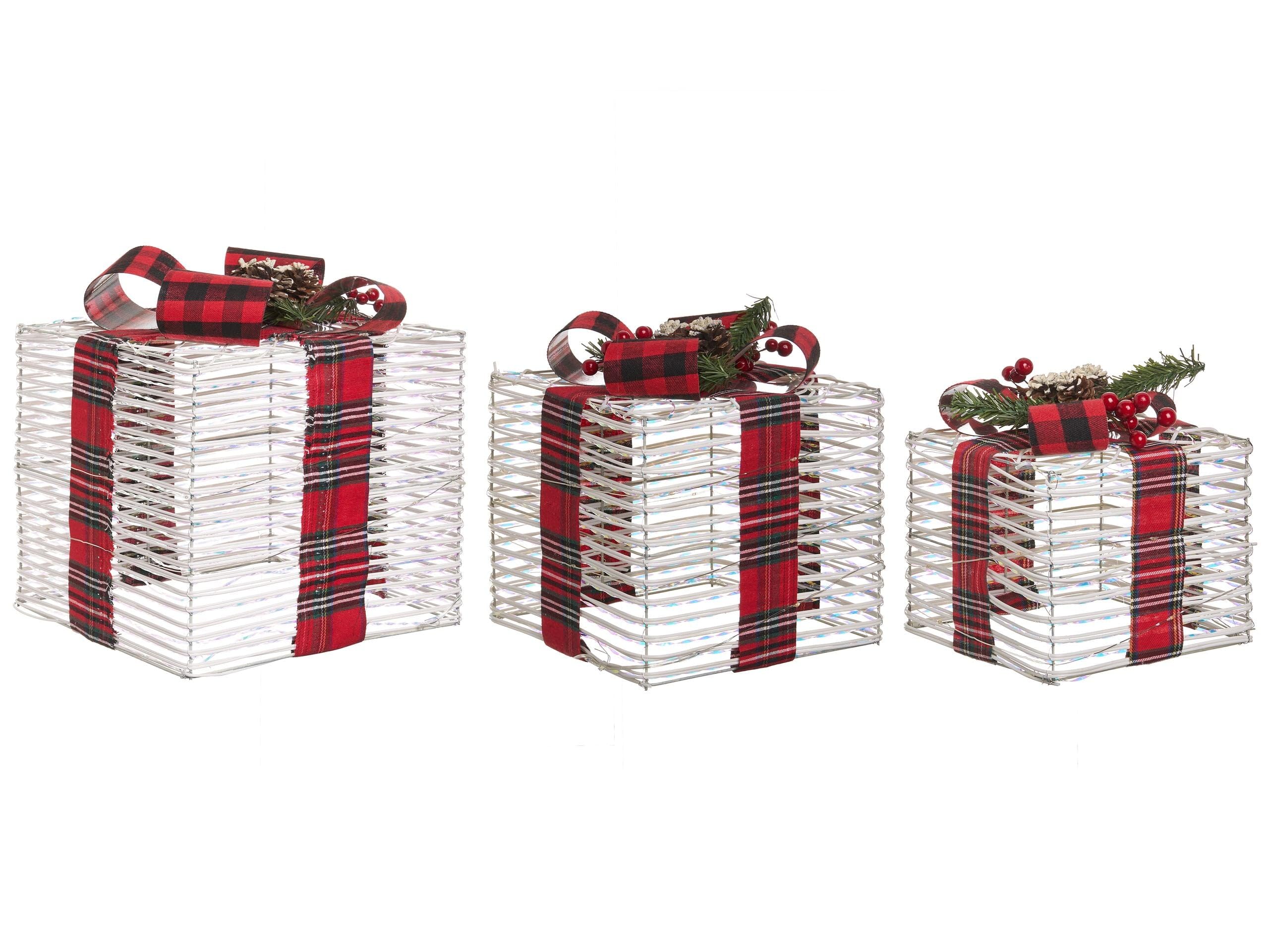 Beliani Lot de 3 Boîtes-Cadeaux Décoratives de Noël avec Lumières LED Blanc avec Nœuds pour Usage Intérieur Blanc Cassé Mangen