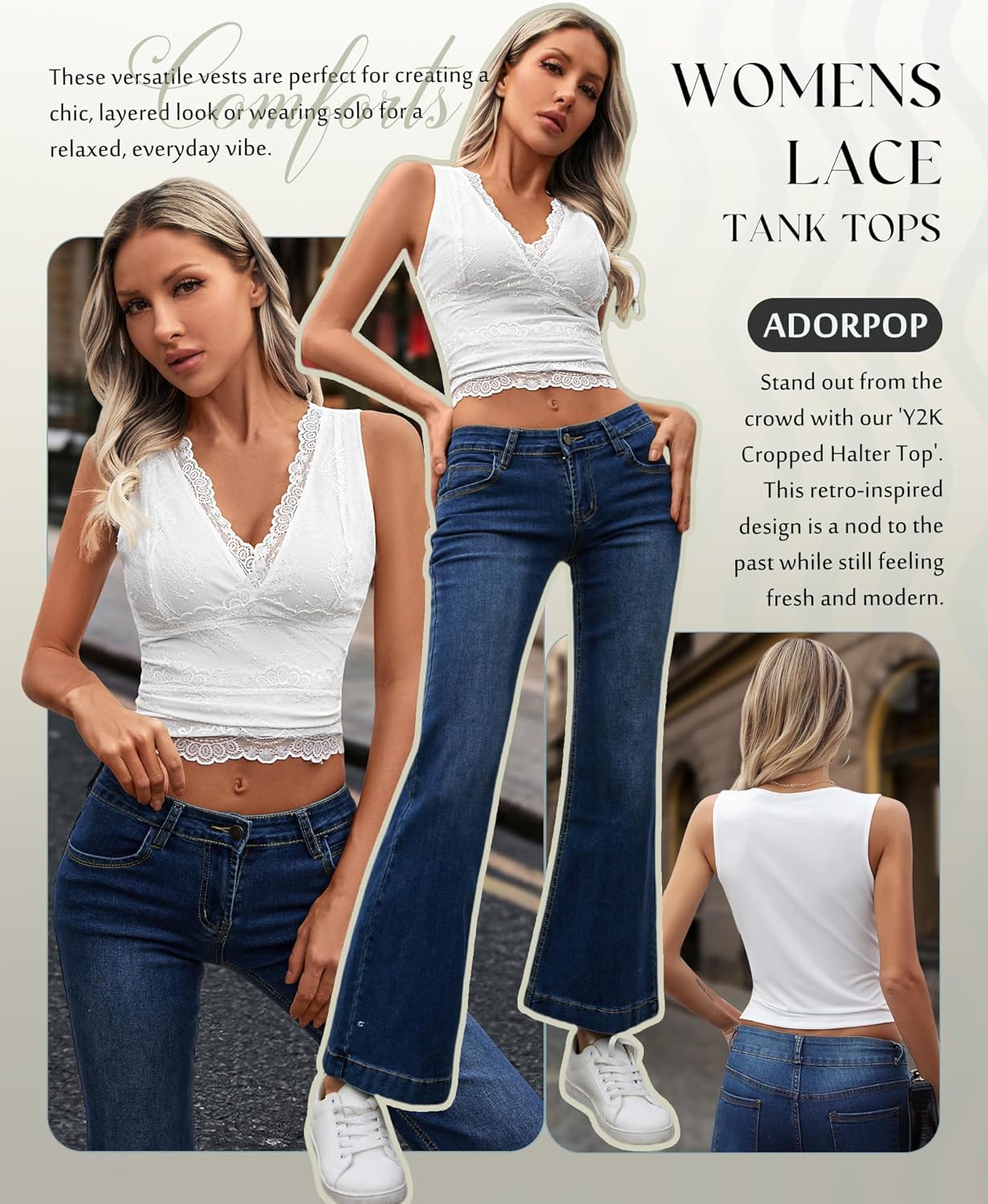 Womens Lace Tank Tops - V Neck Camisole Sleeveless Sexy Going Out Y2K Cropped Halter Vest Top - Image 4