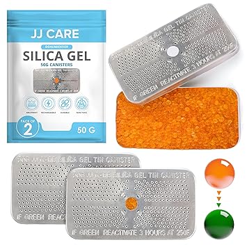 JJ Home Goods Rechargable Silica Gel Dehumidifier [50 Gram, Pack of 2] Desiccant Silica Gel Canister Orange Indicating Reusable Moisture Absorber for Gun Safe Car Closet Vault Ammo Storage Cabinet Bag