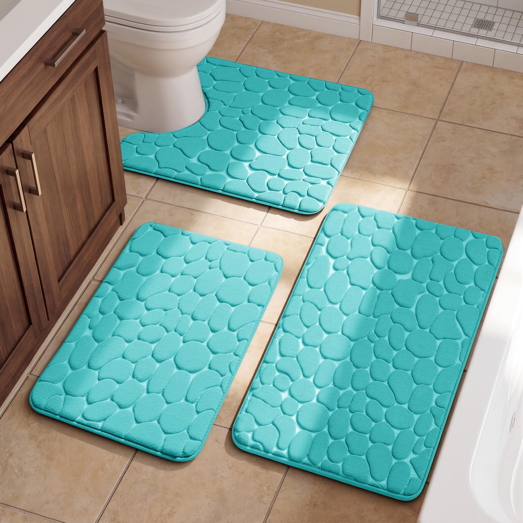 YIHOUSE Bathroom Rugs Mat Set, Memory Foam Bath Mat 3 Piece Teal | U Shape+Small Mat, Non Slip, Water Absorbent, Washable, Bath Mat For Bathroom, Sink