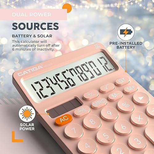 Miniatura 5 de CATIGA Calculadora de escritorio de 12 dígitos Calculadora de escritorio básica con pantalla LCD grande, botones grandes, 4 funciones, energía solar