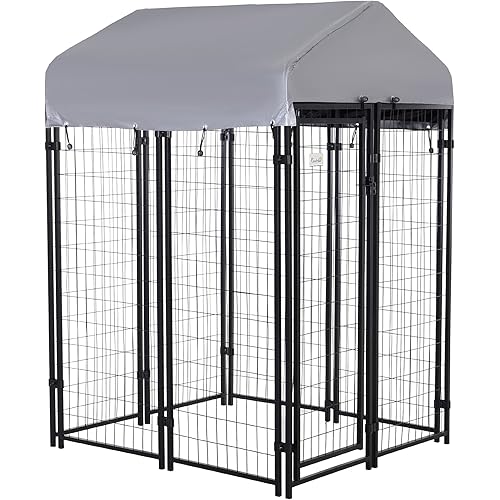 PawHut 4' x 4' x 6' Dog Playpen Outdoor, Dog Kennel Dog Exercise Pen with Lockable Door, Water-resistant Canopy, for Small and Medium Dogs