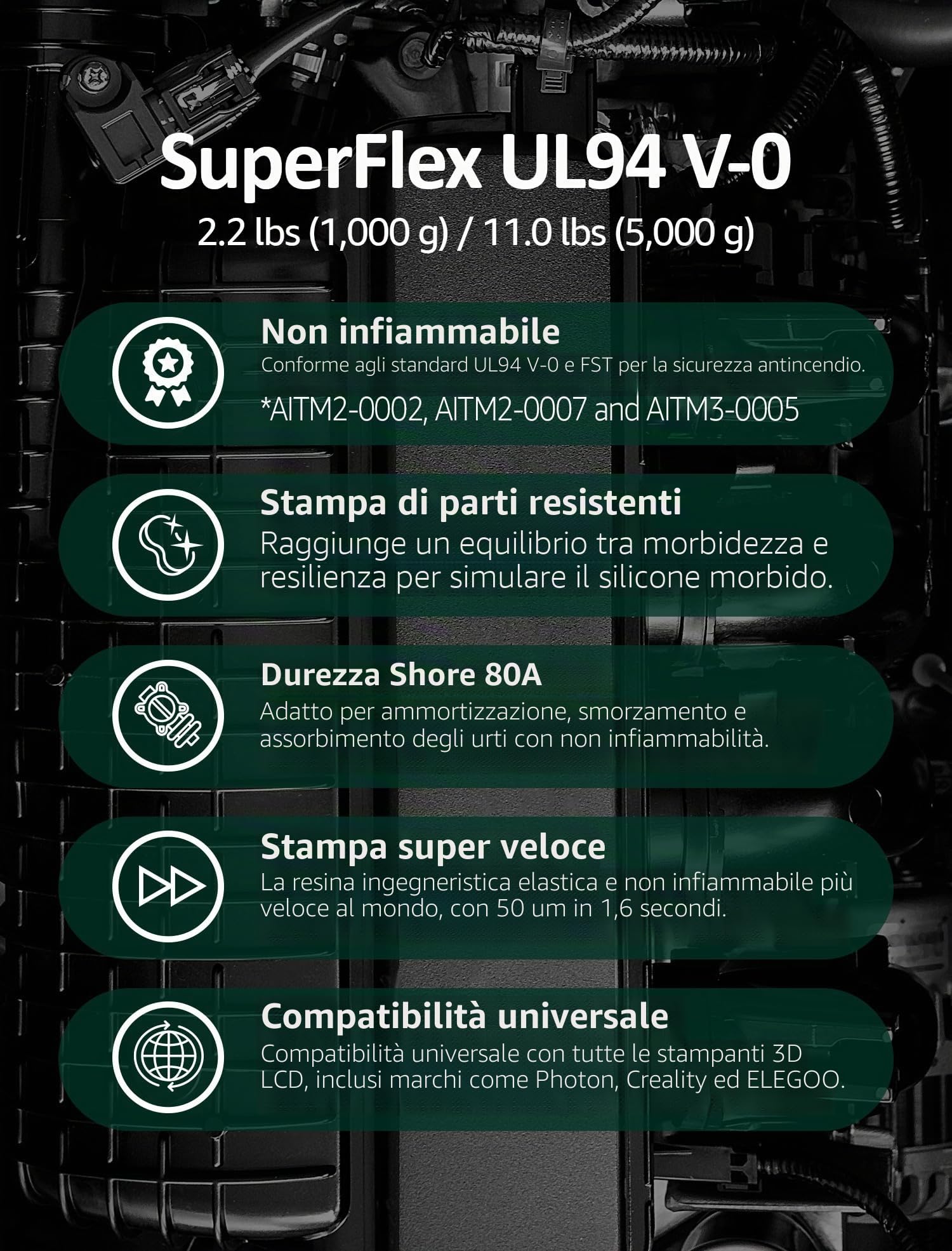 SuperFlex UL94 V-0, Resina Stampante 3D, Ignifuga 80A Corea (1000g, Nero)