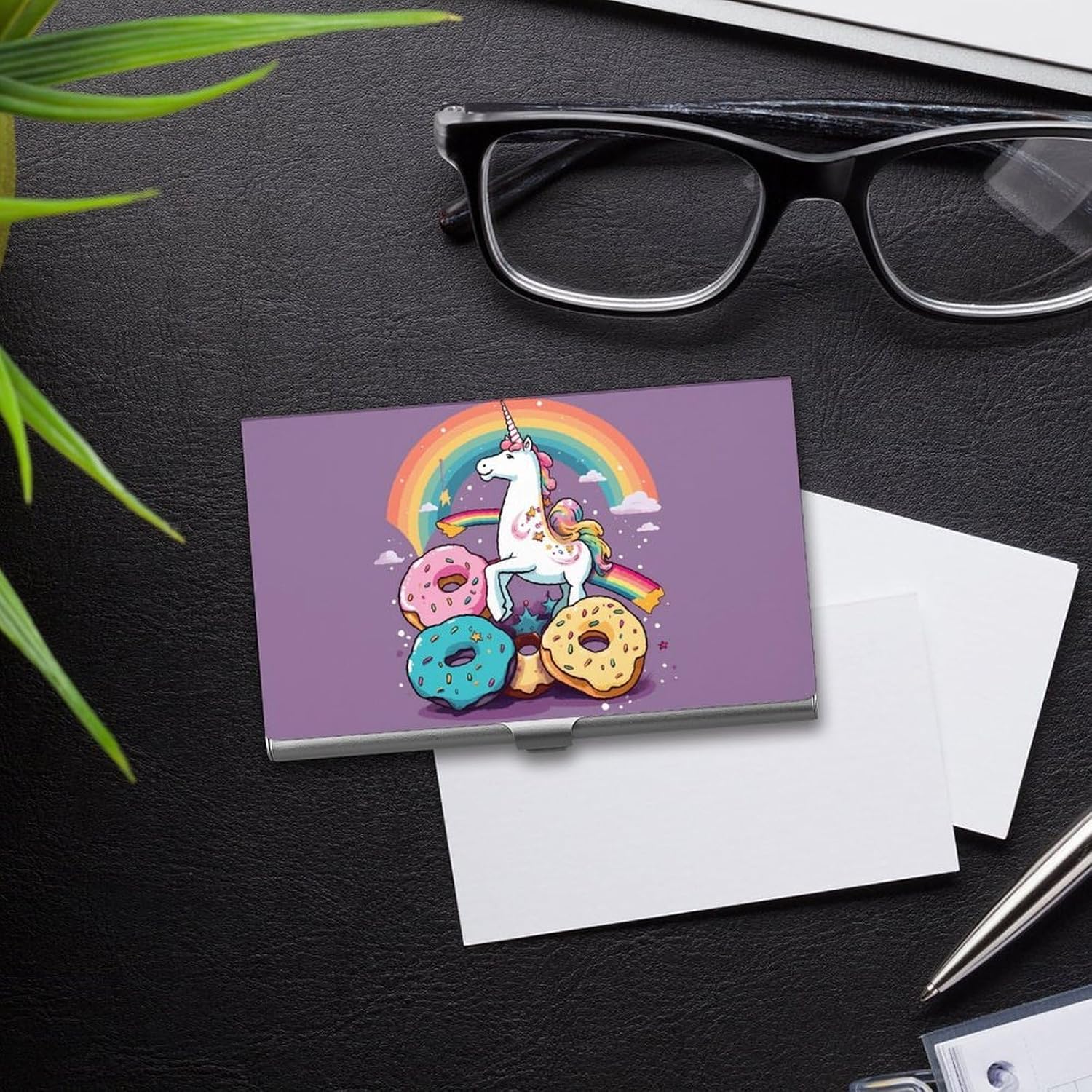 Doughnut Rainbow Business Card Holder Metal Card Case Flip Cover Slim Portable Pocket Credit Name Cards Holders Minimalist Cards Organizer Purse Accessory for Men Women