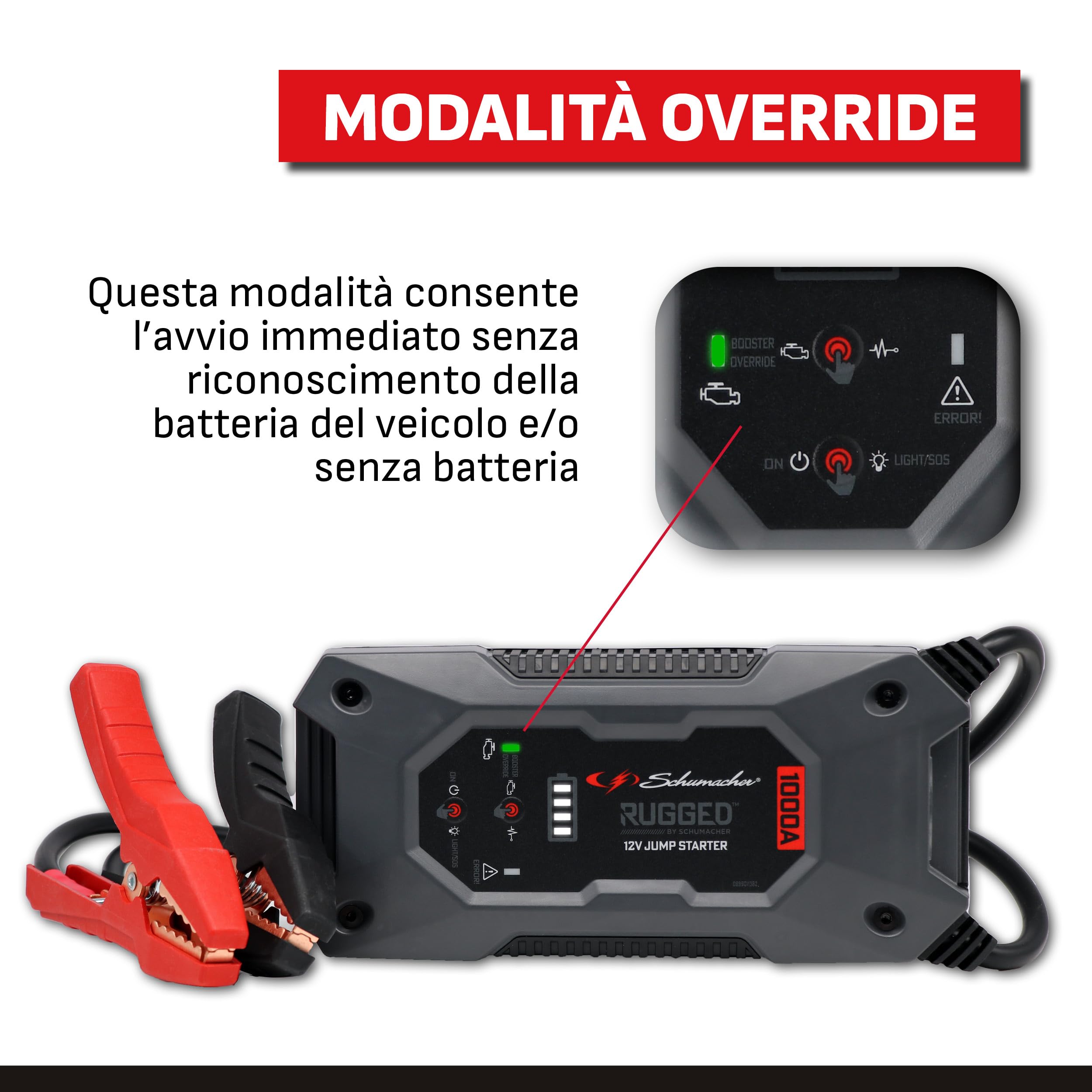 Schumacher Rugged SBX 461 - Booster Batteria Ioni di Litio 1000A 12V - Veicoli fino a 6,0L Benzina / 3,0L Diesel - Torcia Super Potente - Porto USB 2,4A Sortie / 2,0A Entrata - Protezione IP64