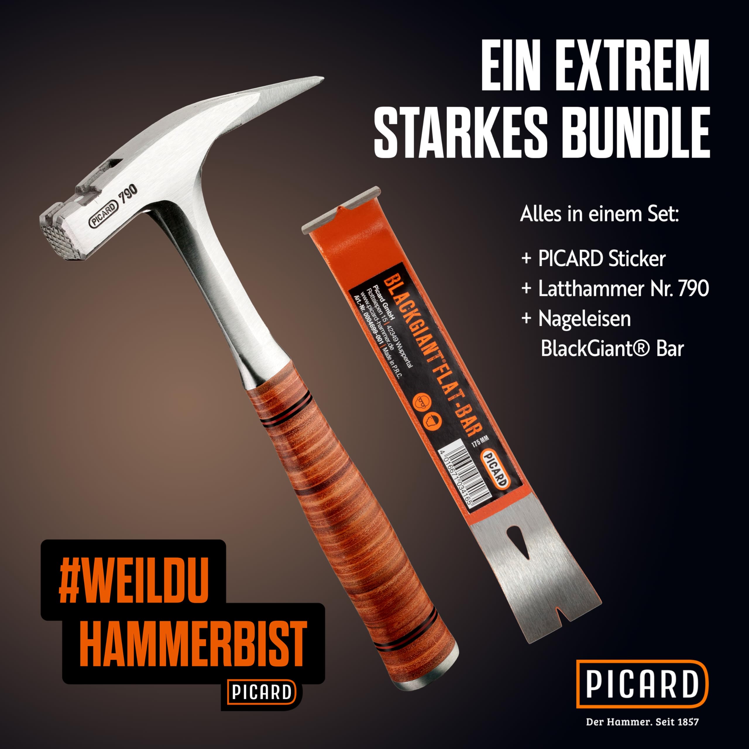 PICARD Martello da carpentiere, superficie scanalata , n. 790 + Pied-de-biche BlackGiant® + Adesivo | Martello da carpentiere professionale 800 g | Magnete porta chiodi | Martello