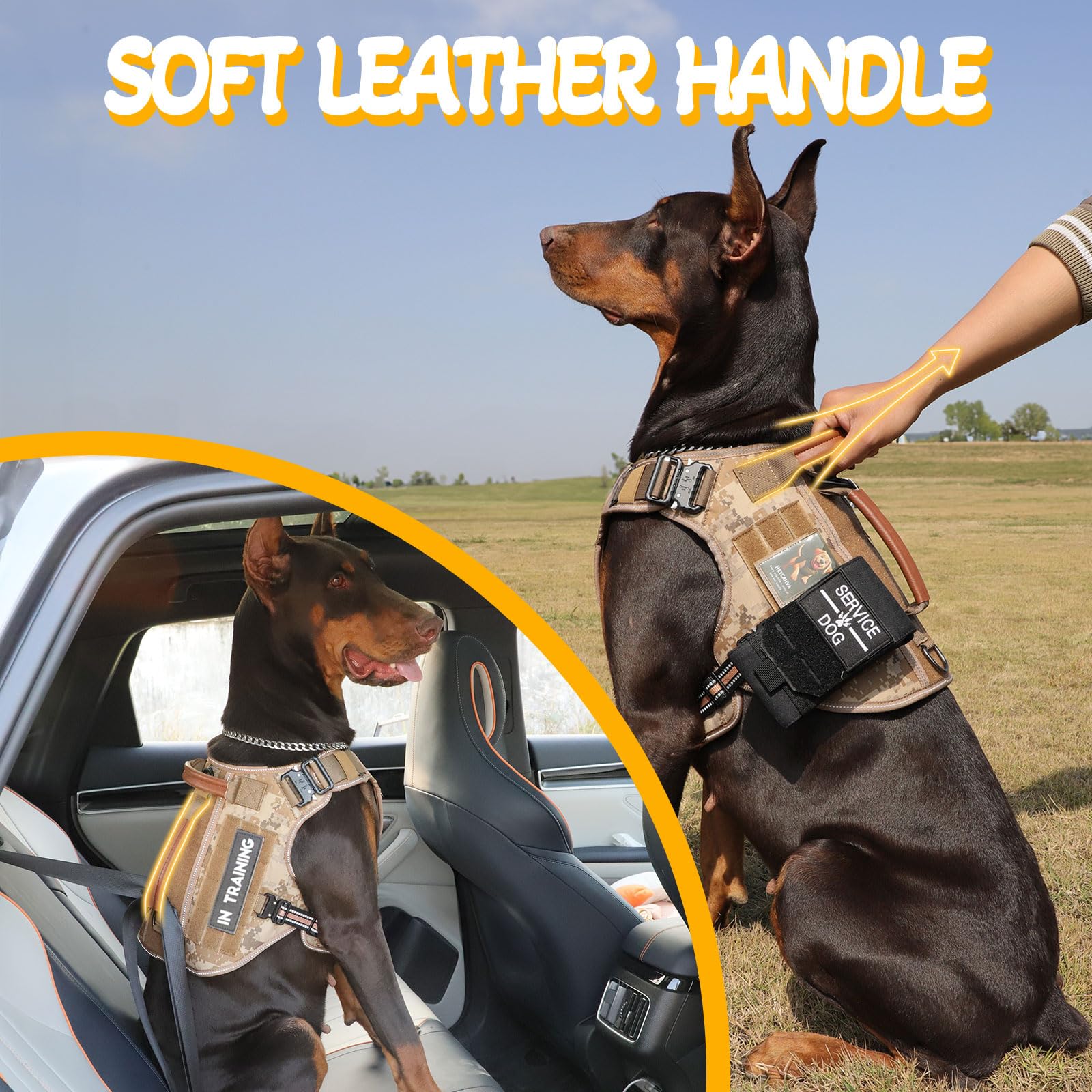 Gilet tattico per cani di servizio, con fibbie in metallo, riflettente, senza tirare, con manico in pelle, gancio e anello per allenamento escursionistico (camouflage deserto, XL)