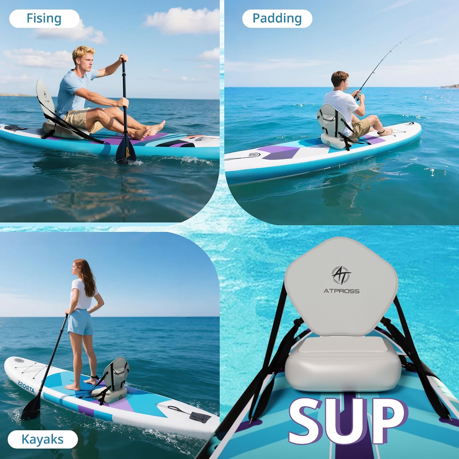 Inflatable Kayak Seat with Padded Backrest, 4 Adjustable Straps, Sit-On-Top Cushion for Kayaking, Canoeing & Fishing, Quick Inflation Design, White