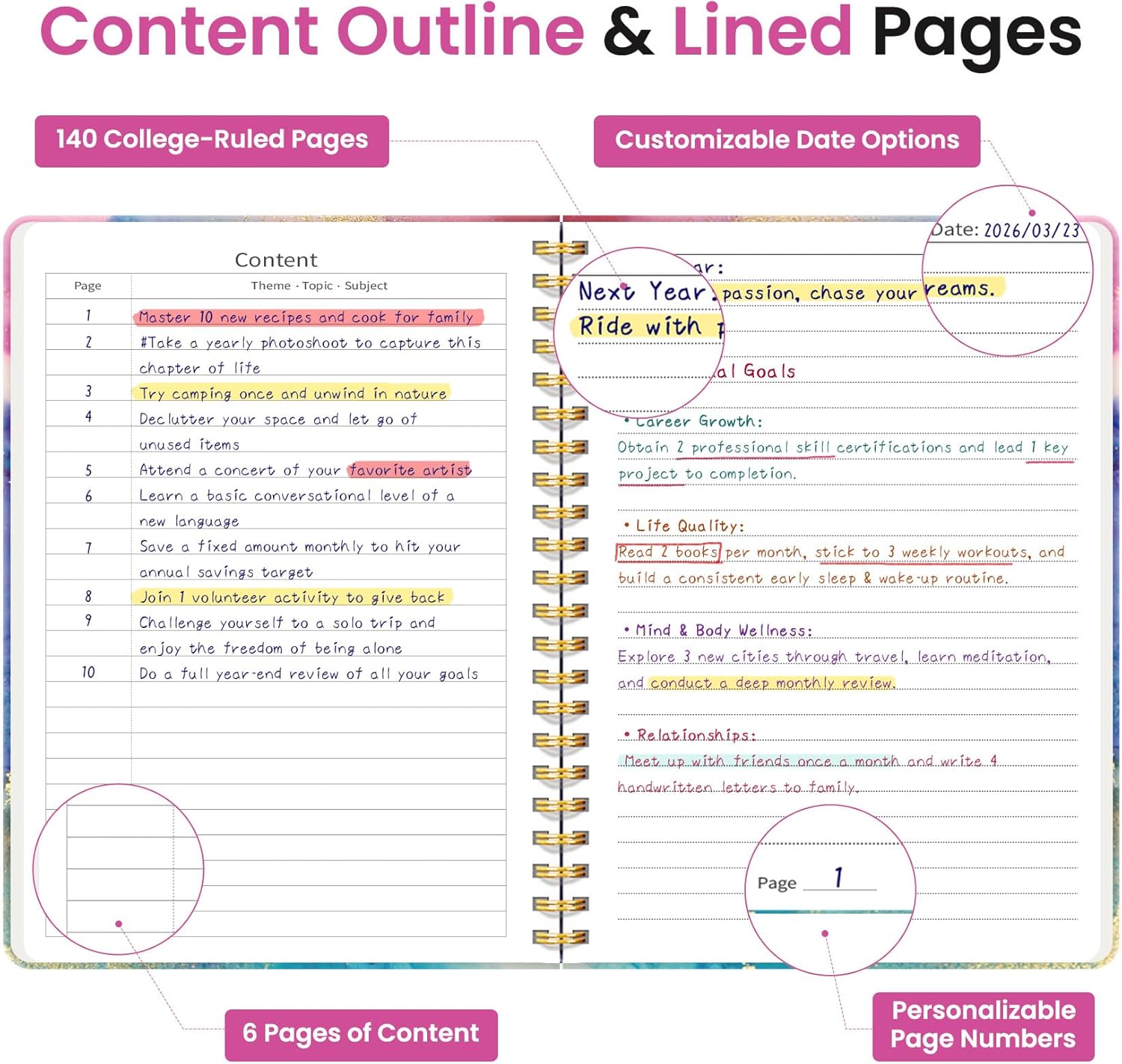 Taja Spiral Lined Journal for Women, Notebook for Work with Pretty Cover, 140 College Ruled Pages, Hardcover Notebook for Journaling, Note Taking, Bible Study, Color Splash - Image 3