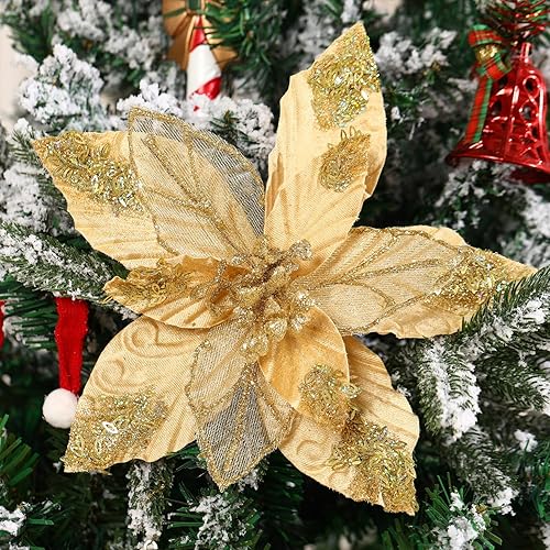 Miniatura 9 de GL-Turelifes Flores de Navidad grandes con purpurina de 10.7 pulgadas, 6 piezas de flores de pascua artificiales, adornos plegables para decoración