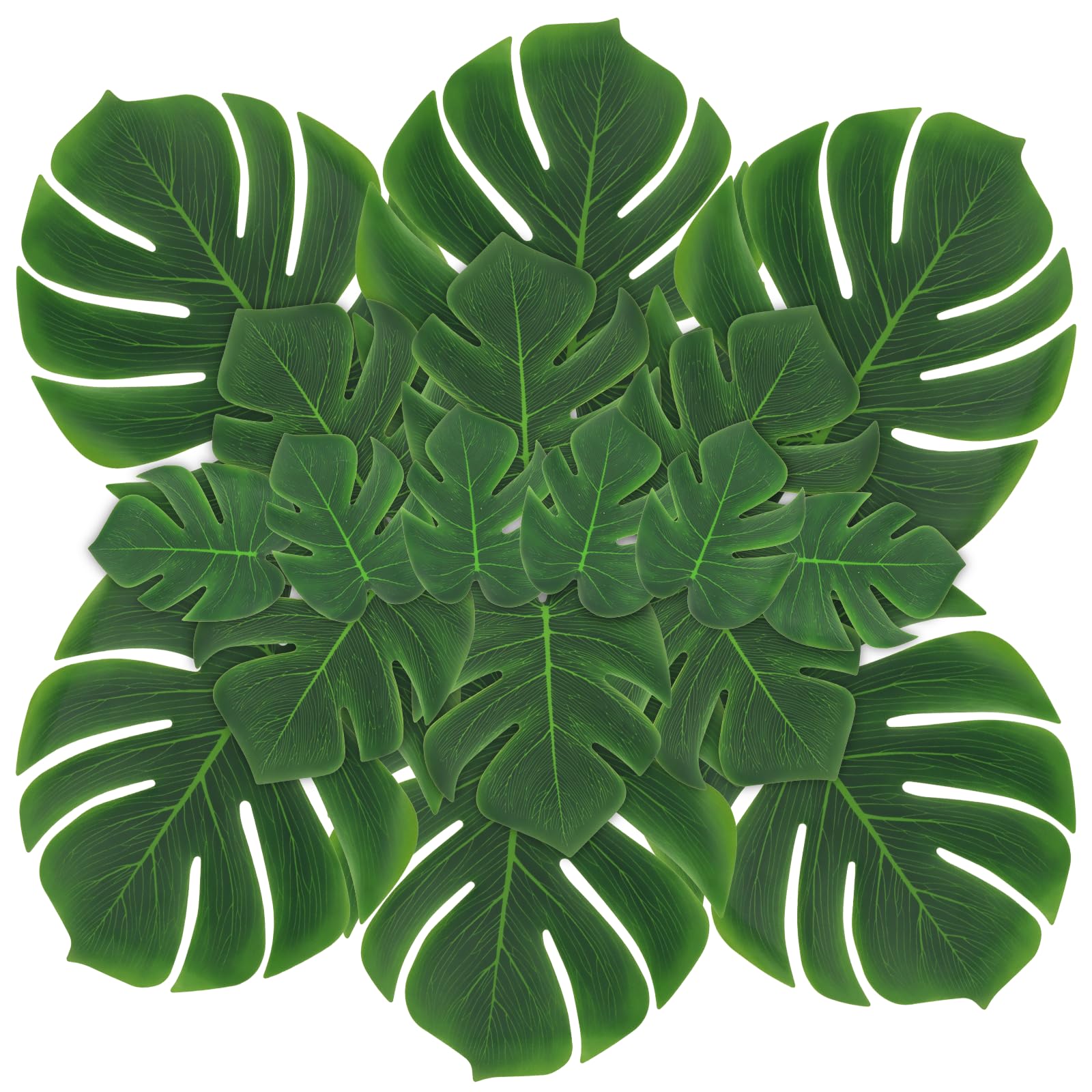 Photo 1 of ARTKAIKE Artificial Palm Monstera Green Leaves for Birthday Party Table Decor, Realistic Tropical Fake Plants for Dinosaur/Jungle, Luau & Safari Theme Events (18, Monstera)
