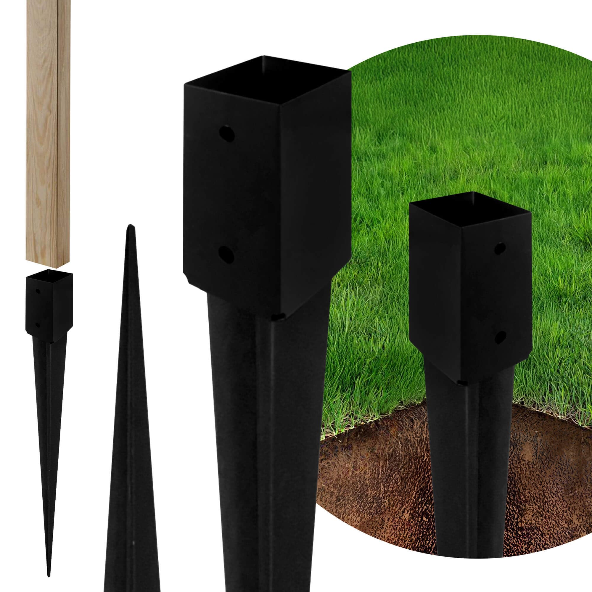 ADGO - 4er Set - Einschlagbodenhülse, Pfostenträger für Holzpfosten - 100x750mm - Quadratische Basis - Bodenhülse Stahl Feuerverzinkt - Stabile Pfostenanker Außenbereich - Robustes Metall - Schwarz