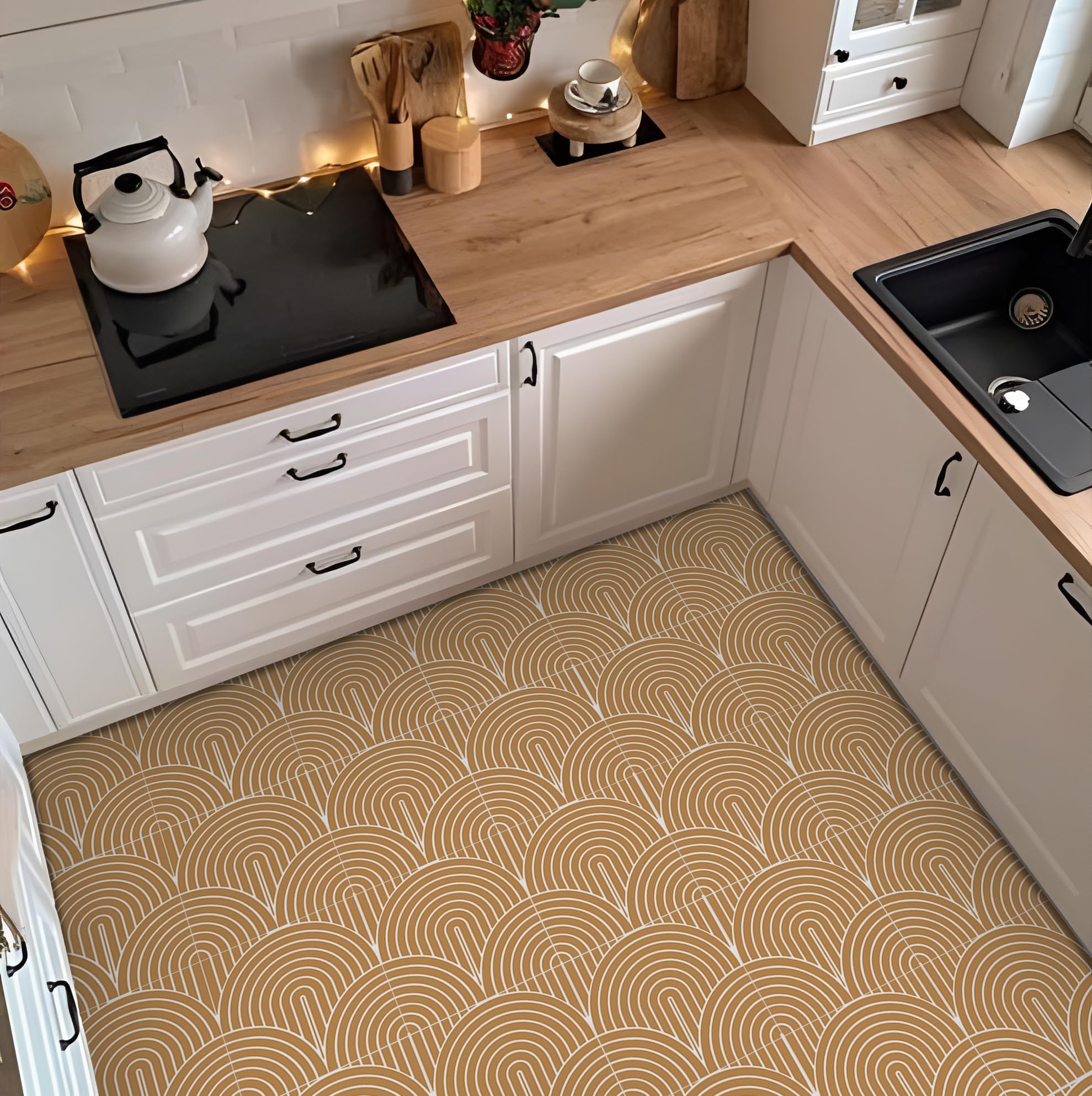 Alwayspon Peel and Stick Floor Tiles, 20cm/8inch×20Sheet Waterproof Removable Non-Slip Vinyl Plank Flooring Tile for Bathroom Kitchen Bedroom, Renter Friendly Floor Decor DIY, Yellow Brown