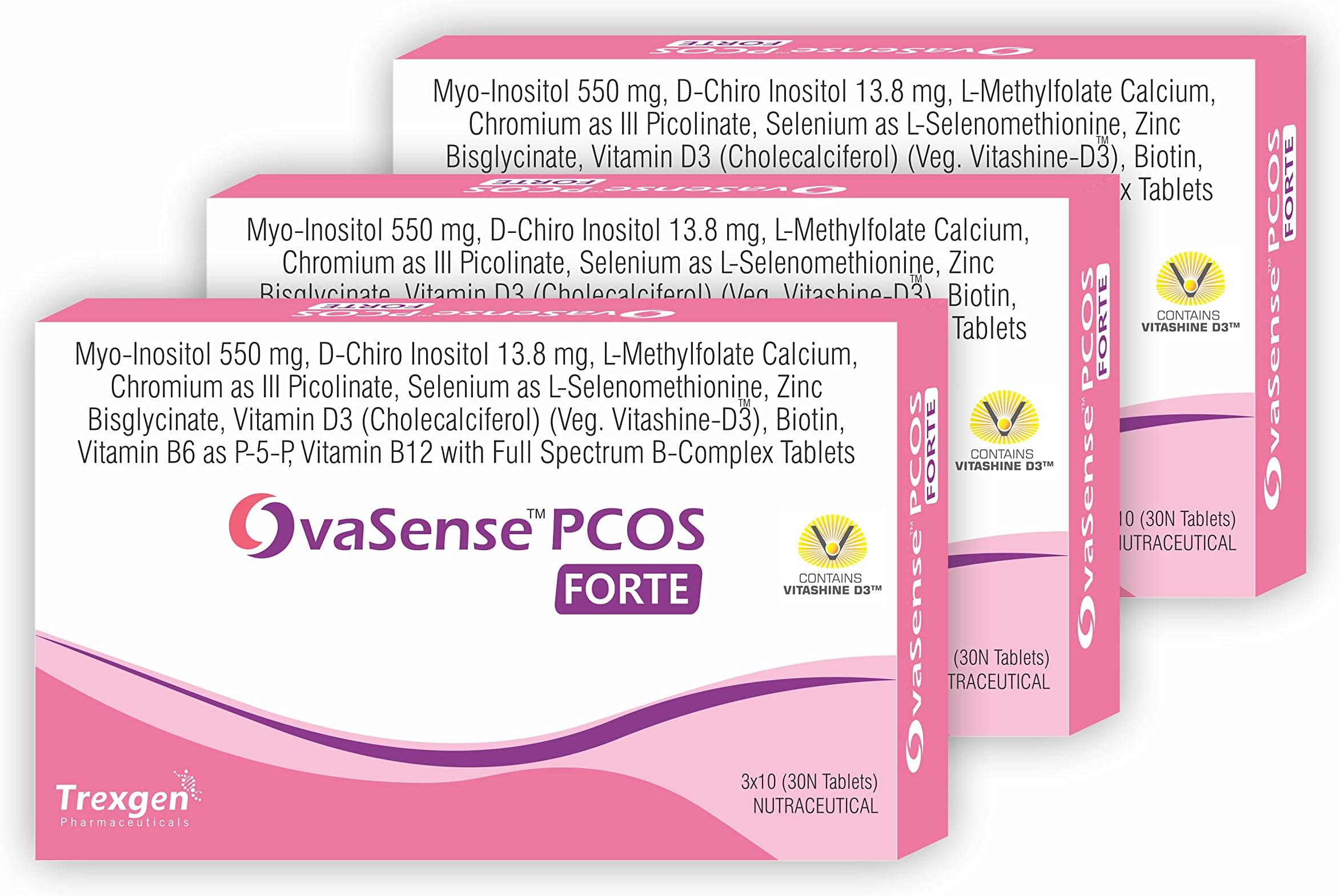 Trexgen® OvaSense-PCOS Forte Synergistic Myo-inositol & D-Chiro Inositol, Vitamin D, B-complex,Zinc, Chromium, Selenium & Micronutrients (30 x 3 box = 90 Tablets)