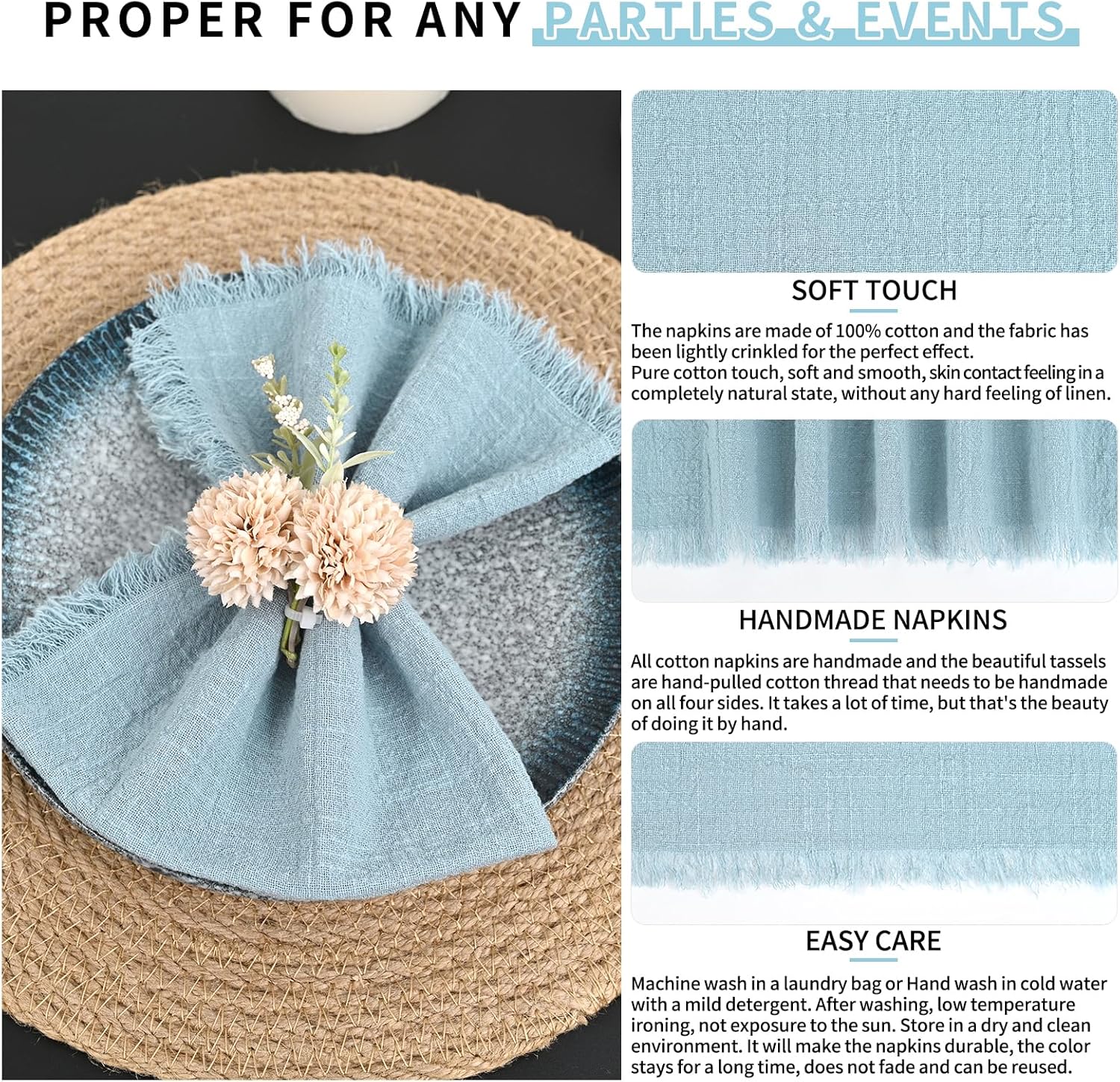 40 Packs Dusty Blue Cloth Napkins Cotton Linen Napkins Bulk 16.5 x 16.5Inch Handmade Gauze Napkins with Fringe, Natural Soft Cotton Rustic Dinner Napkins for Wedding Party Christmas Decoration