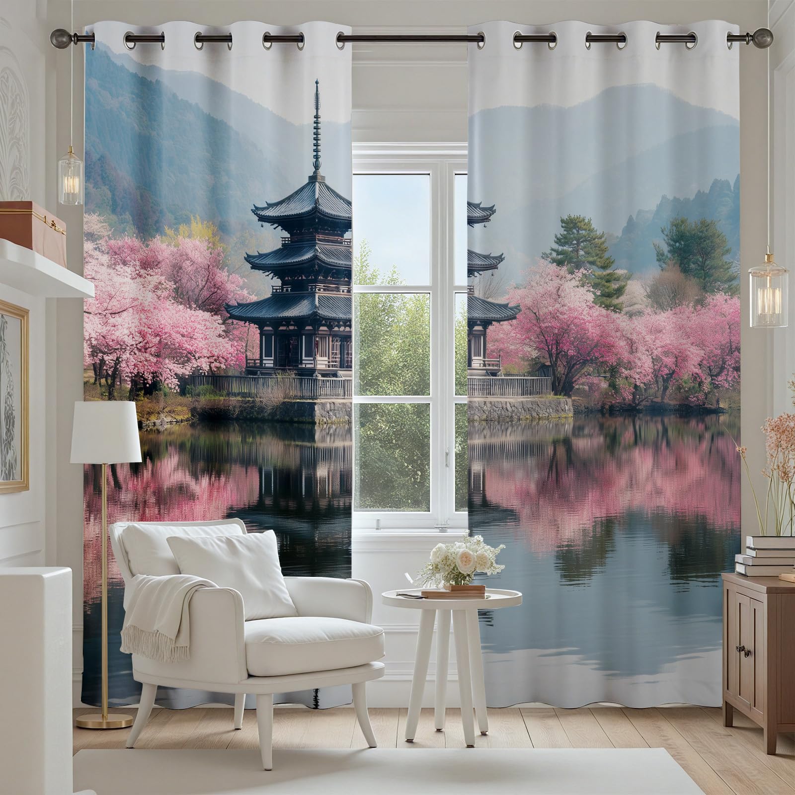 Orientalisch Pagode Verdunkelungsvorhange 2er Set, Asien Natur Landschaft Vorhänge Wohnzimmer 137x117 cm Berg Kirschblüte See Gardine Blickdicht Schallschutz Thermovorhang mit Ösen Fensterdekoration