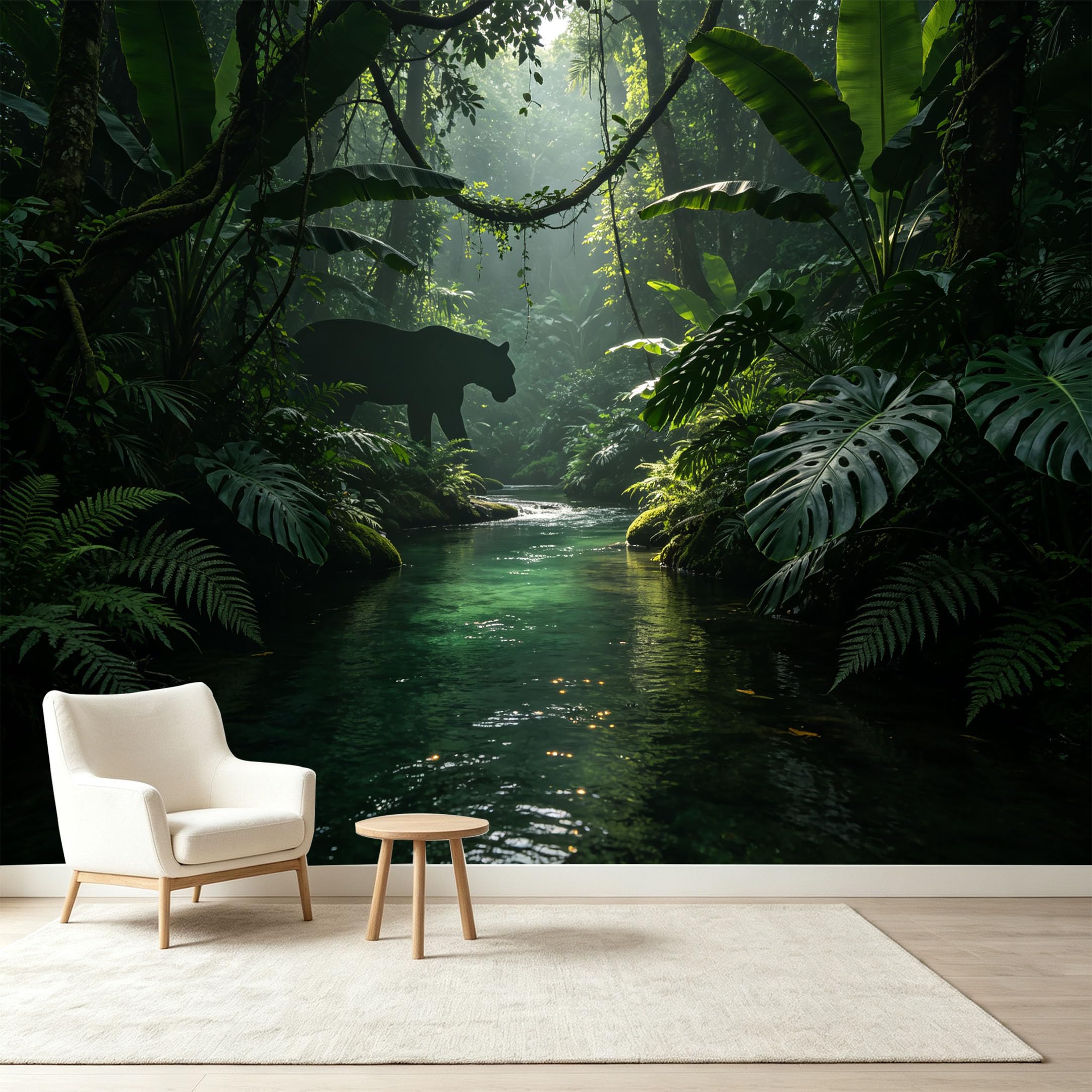 Custom Size Wall Murals Tropical Jungle Rainforest Silhouette Panther River Scenery Self-Adhesive Wall Fabric Removable Wallpaper Wall Decor for Living Room Bedroom Bathroom