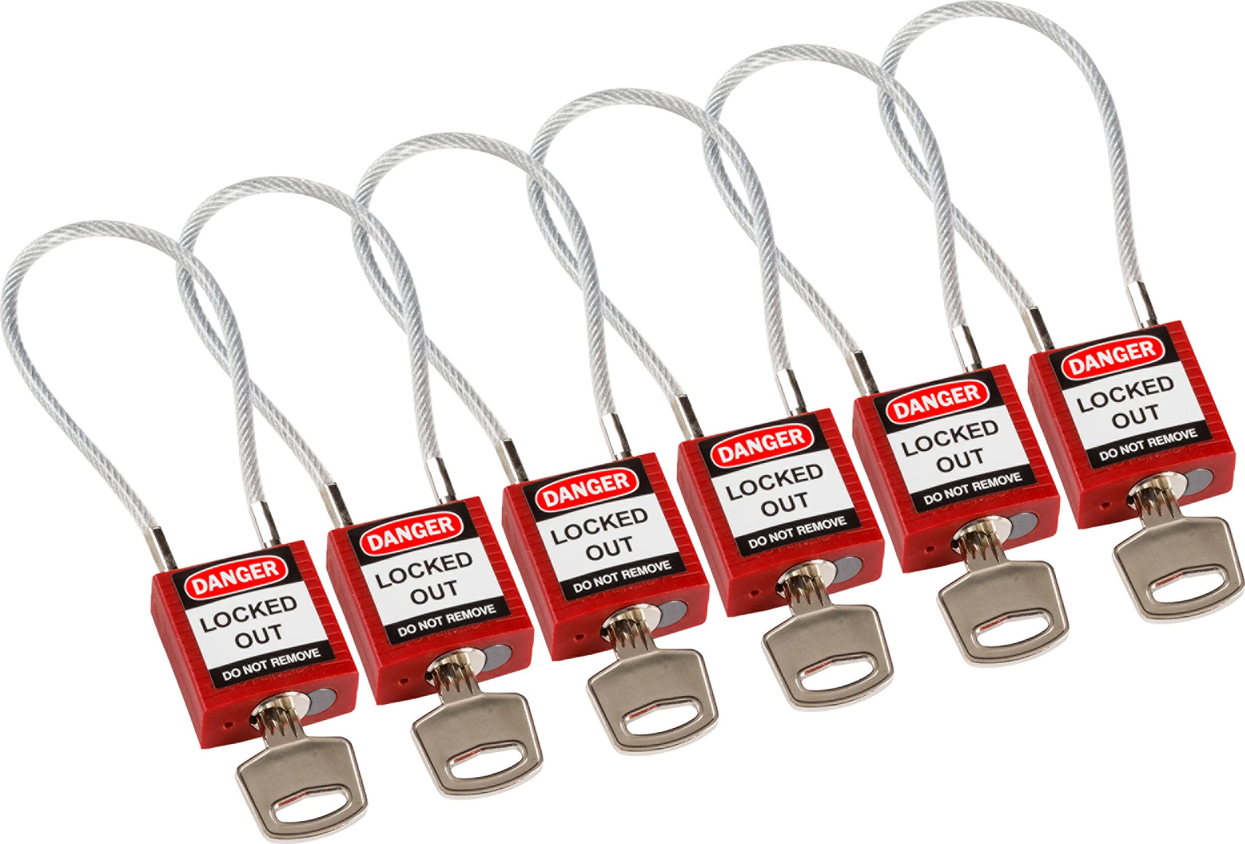 Brady Red Compact Cable Padlock 6-Pack - Lockout Tagout Security Lock - Safety Padlock With Nylon Body And Sheathed Steel Cable - Keyed Differently - 32Mm X 35Mm X 16Mm - Cable Length 200Mm,