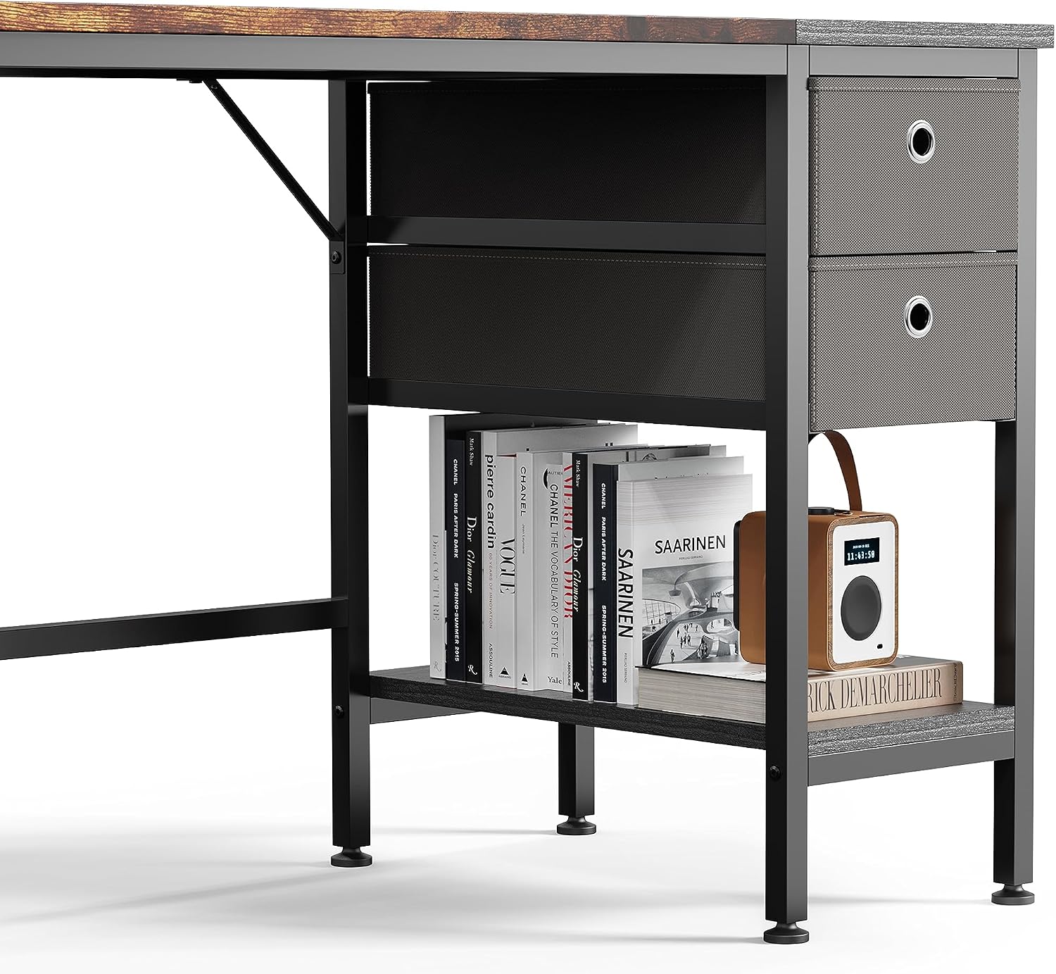 Close-up view of the HOMIDEC desk's side storage unit with fabric drawers and an open shelf filled with books