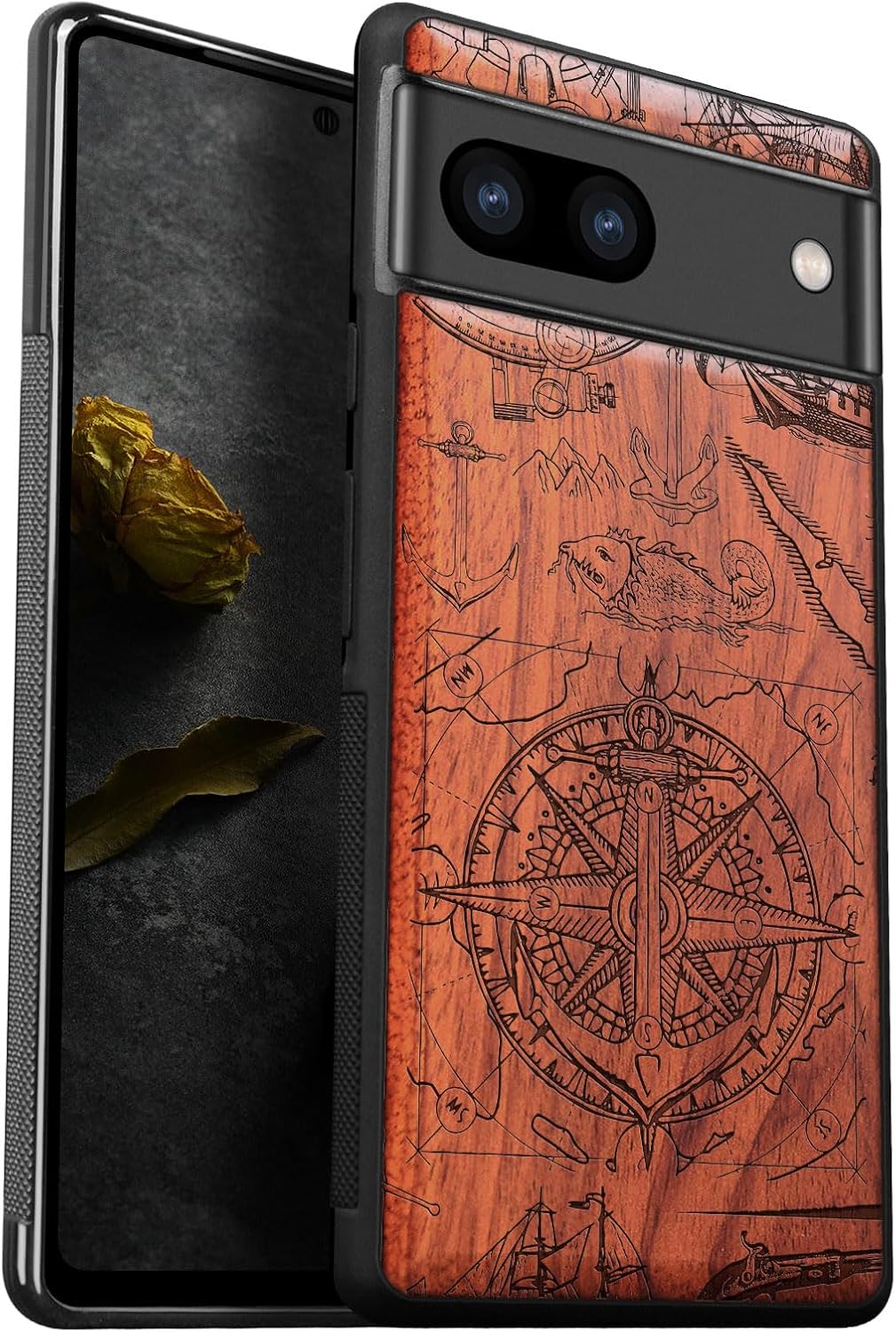 Carveit Wood Case for Pixel 8 Case [Natural Wood & Black Soft TPU] Shockproof Protective Unique Wooden Cover Compatible with Google Pixel 8 (Britain and Union Jack-Rosy)