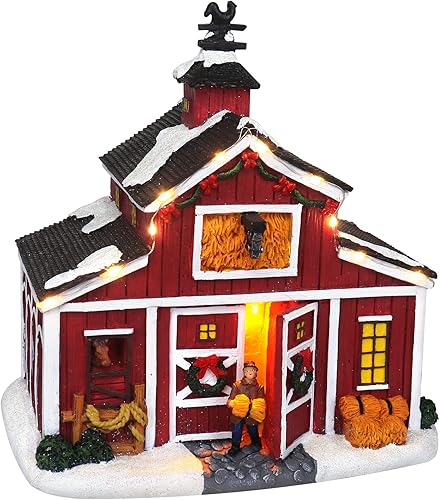 Christmas Village Farm Country Barn Edificio coleccionable de aldea de nieve musical iluminada Casas de pueblo de Navidad Complemento perfecto