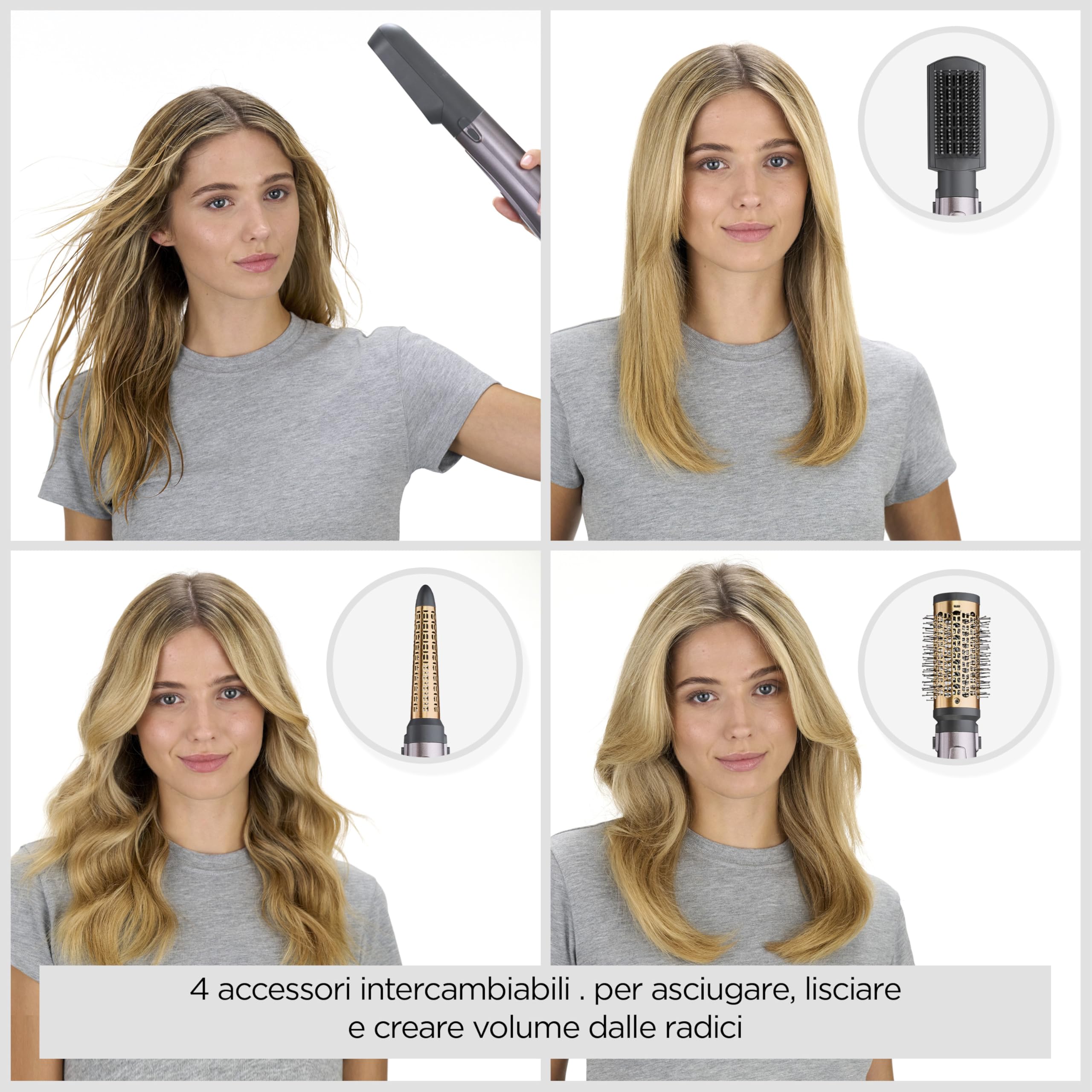 BaByliss Air Style 1000, Spazzola ad aria 4 accessori intercambiabili, asciuga, liscia, dona volume, modella, funzione ionica anti-crespo, grigio & bronzo, AS136E