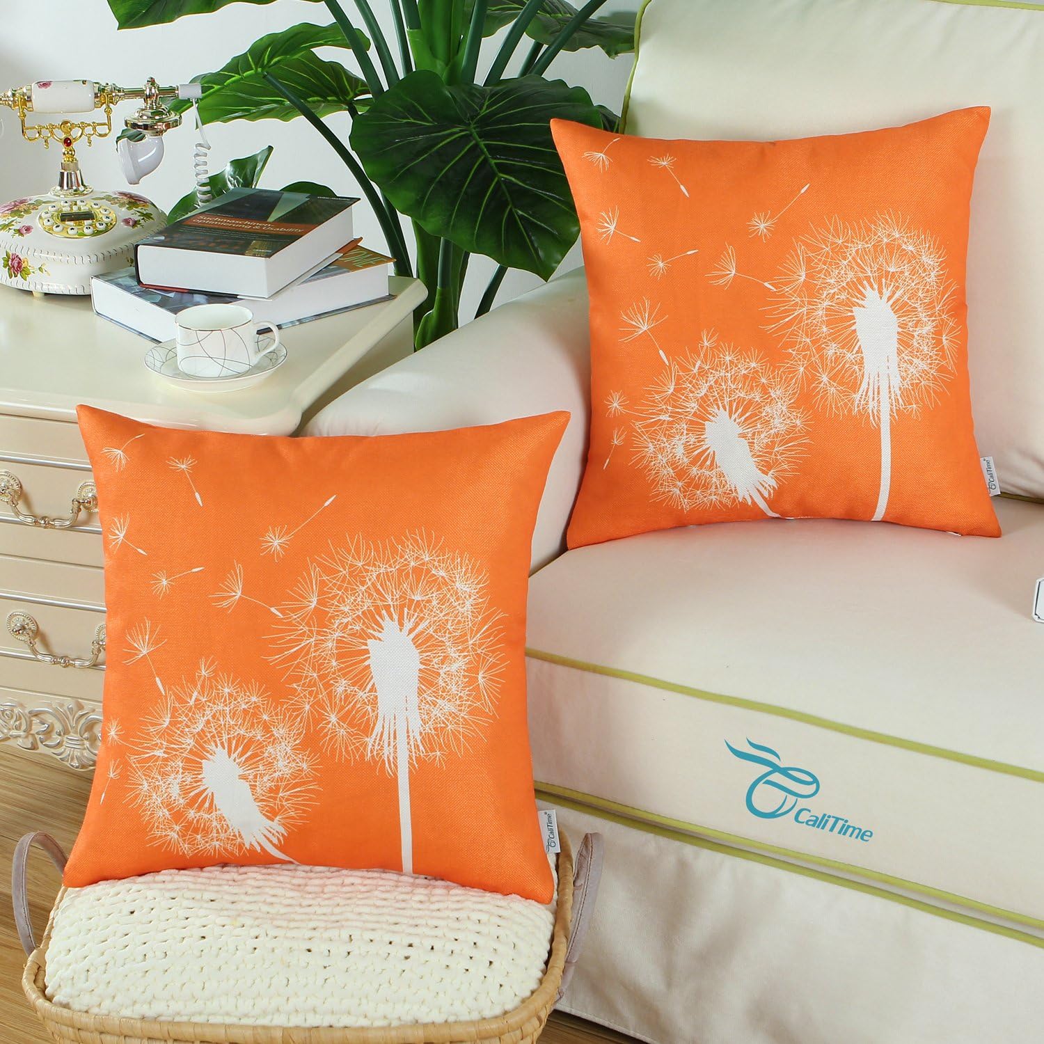 CaliTime Pack of 2 Canvas Throw Pillow Covers Cases for Couch Sofa Home Decoration Solid Dandelion Print Both Sides 18 X 18 Inches Sun Orange