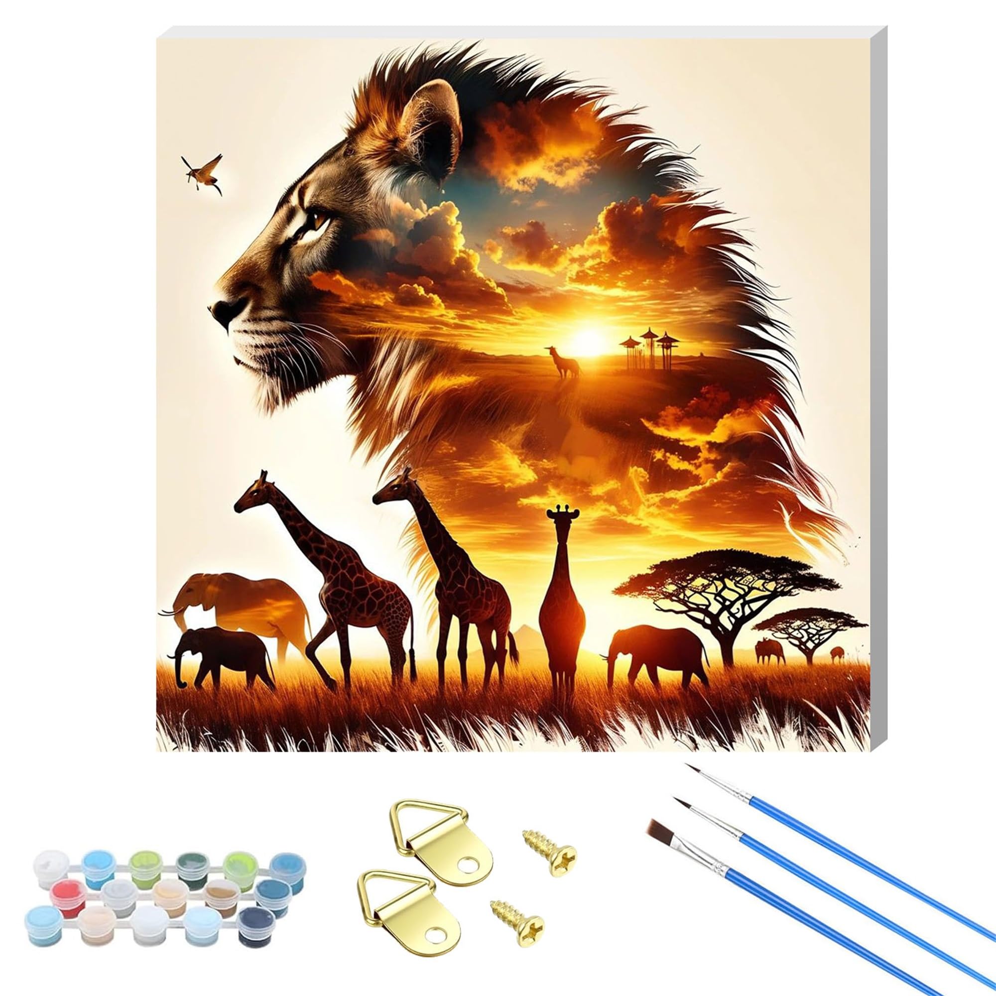 WUJIEJ Adults Paint by Number Kits,Framed Painting by Numbers Kits on Canvas,Color by Numbers Adult Acrylic Watercolor Gifts for Friends Wall Decor (Sunset Lions)