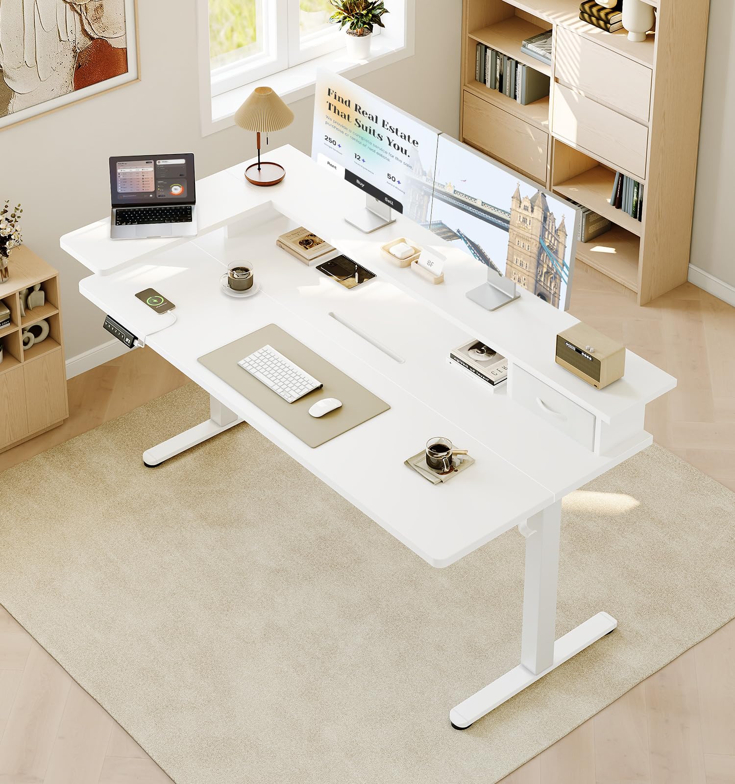 OffiGo Escritorio Elevable con Cajón y USB, 140×60 cm, Weiß | Soporte para monitor en L, 3 memorias, escritorio eléctrico regulable para oficina en casa, USB integrado, 72-121 cm