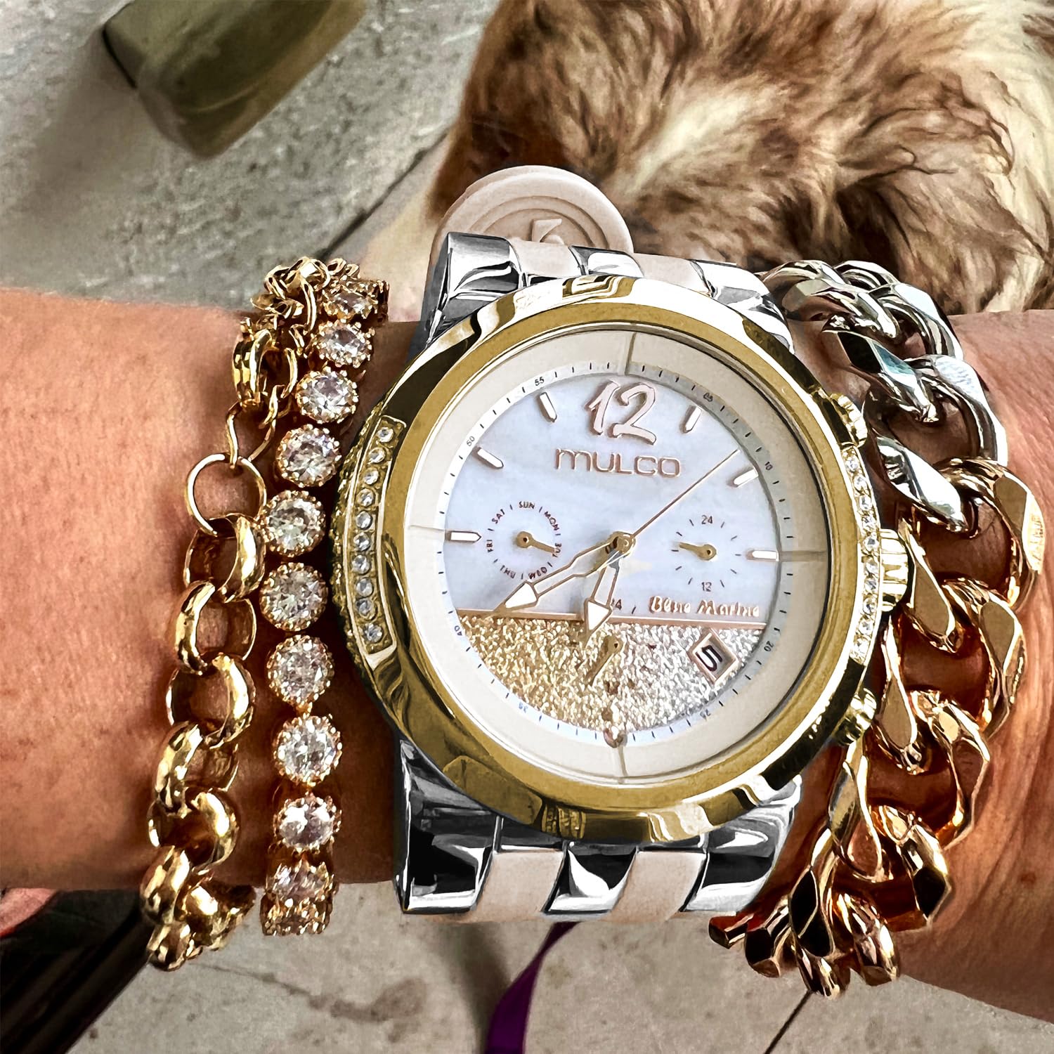 Mulco Blue Marine - Reloj de cuarzo multifuncional para mujer, correa de acero inoxidable y silicona, pantalla analógica, tonos Swarovski y detalles de oro rosa resistente al agua