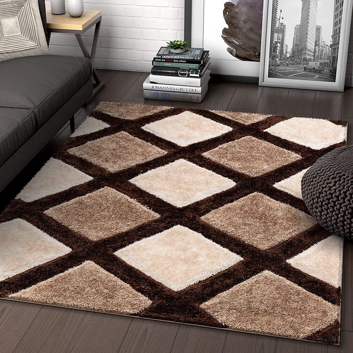 Carpets for Living Room Handwoven Super Soft Modern Area Premium Shag Collection Rugs Carpet 4x6 Feet Beige Brown.-image-11