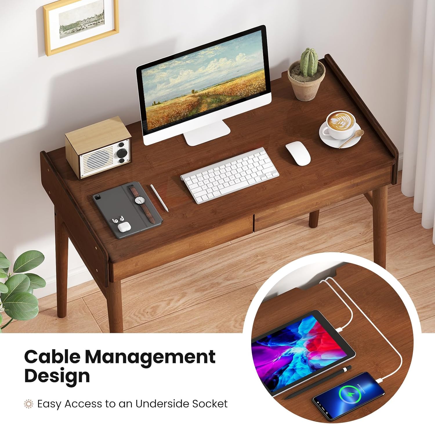 Giantex Mid Century Modern Desk, 39.5" Bamboo Computer Desk with 2 Drawers and Open Storage Shelf, Makeup Vanity Table, Wood Computer Workstation, Vintage Writing Desk for Bedroom, Walnut