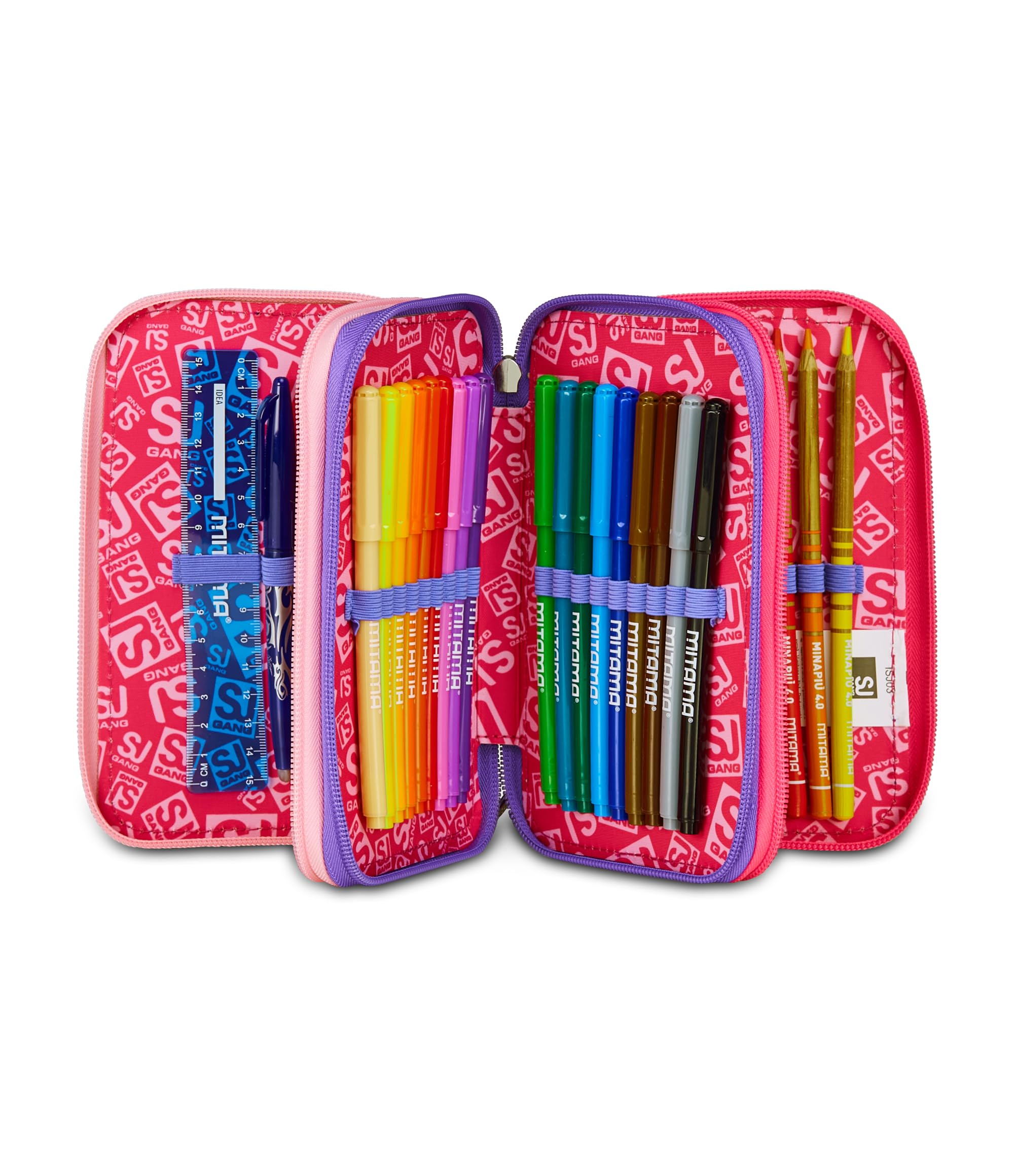 SJ GANG STYLE JAM GANG Astuccio Scuola 3 Zip, Rosa, Portapenne Triplo Scomparto Completo Di Penne, Matite, Colori, Accessori Zaino, Scuole Elementari, Bambina