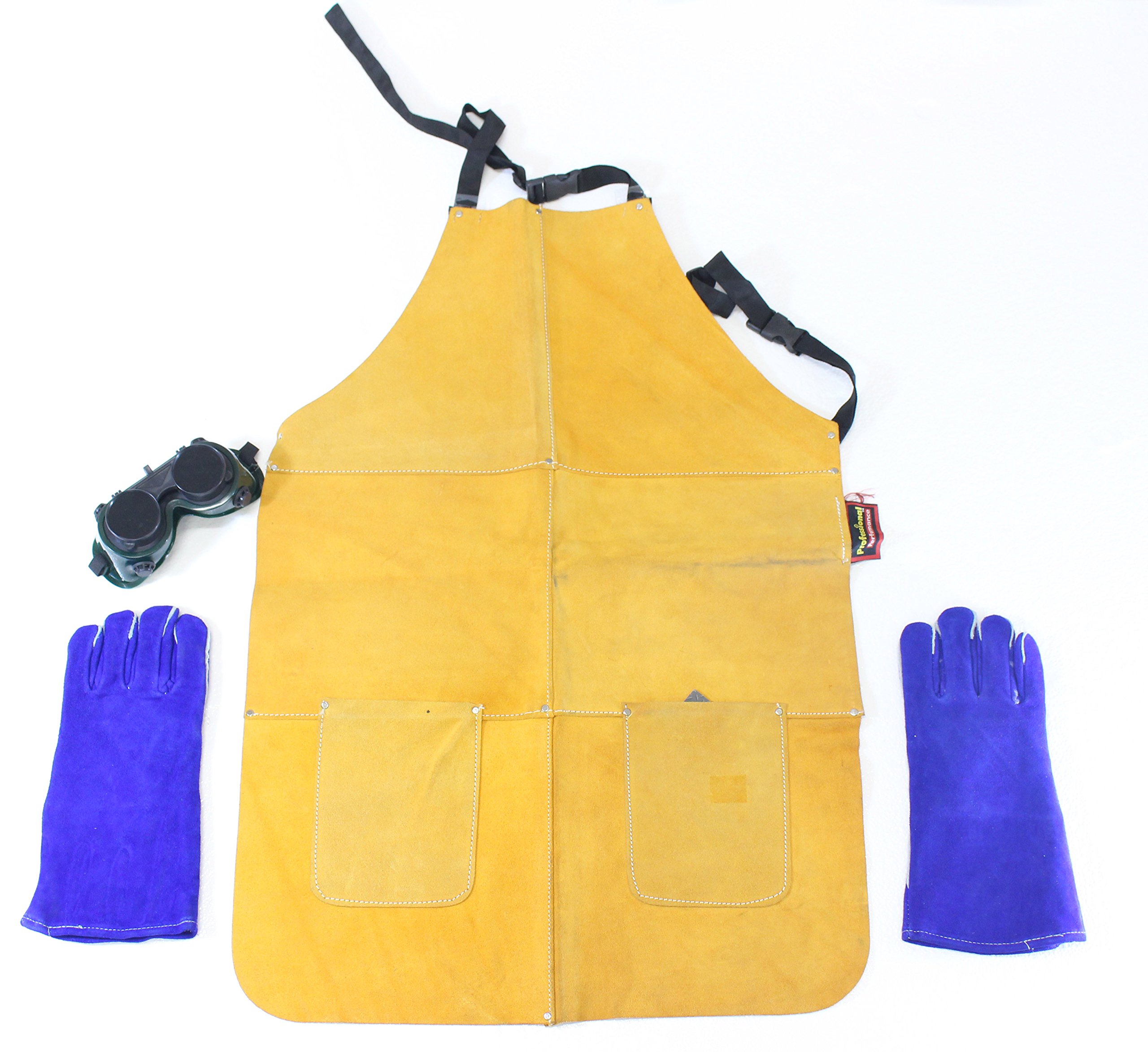 Premium Welding Kit | 32" x 19" Heavy-Duty Leather Apron | 13" (33 cm) Royal Blue Gloves | Flip-Up Super-Dark Welding Goggles | Ultimate Safety & Convenience