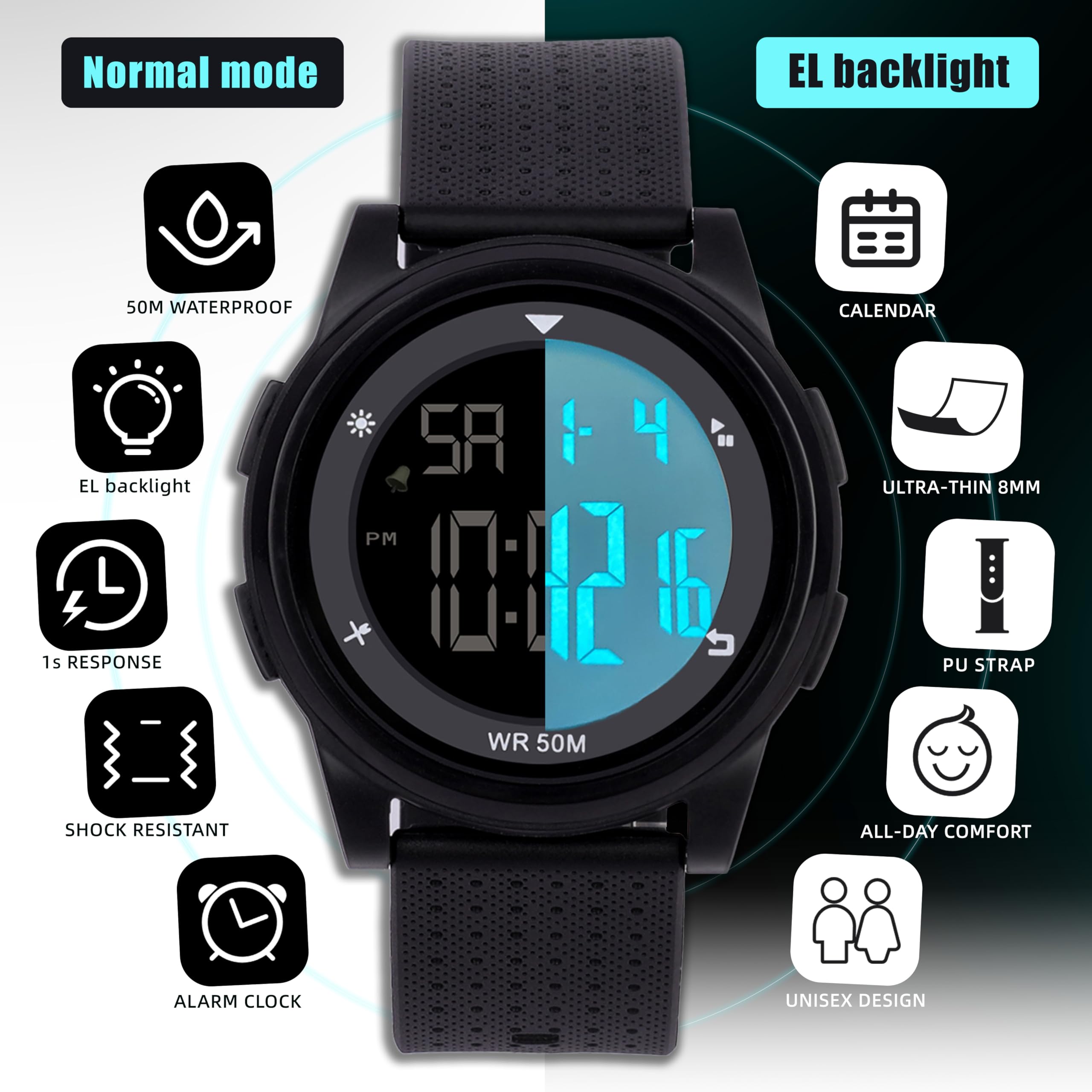 Reloj digital deportivo impermeable cronómetro alarma hora militar ultrafino hombres y mujeres reloj al aire libre, Negro -, Moderno 4