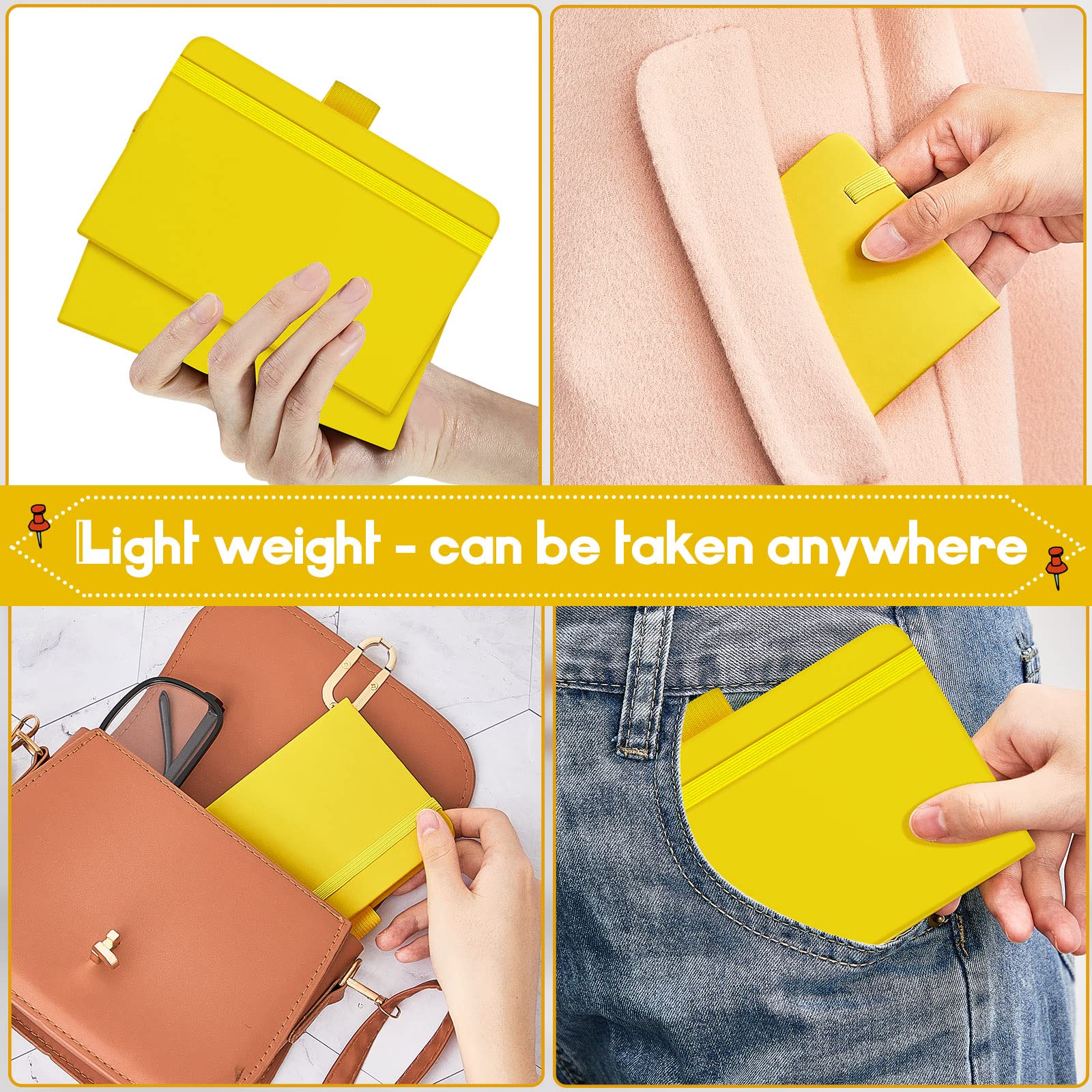 40 quaderni tascabili, formato A6, 8,9 x 14,9 cm, piccoli quaderni in pelle, a righe, con fascia elastica, portapenne, nastri segnalibro (giallo)