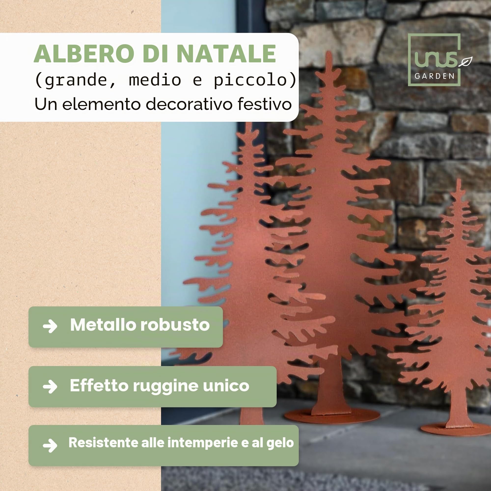 UNUS - Set di 3 decorazioni in metallo a forma di albero di Natale arrugginito, per interni ed esterni, dimensioni: piccolo, medio e grande
