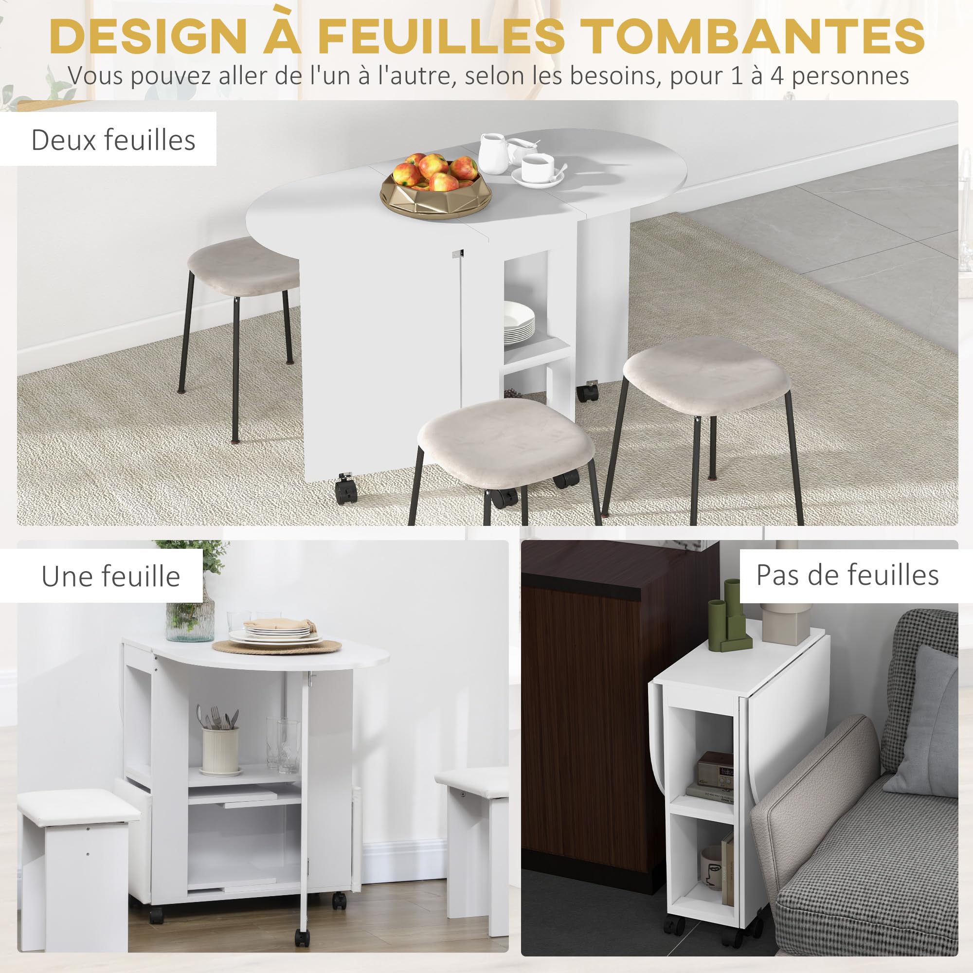 HOMCOM Table à Manger Pliante sur roulettes 4 Pers. 120x60x77 cm Blanc | Table de Cuisine, 2 Abattants, 2 Étagères de Rangement, pour Petits Espaces