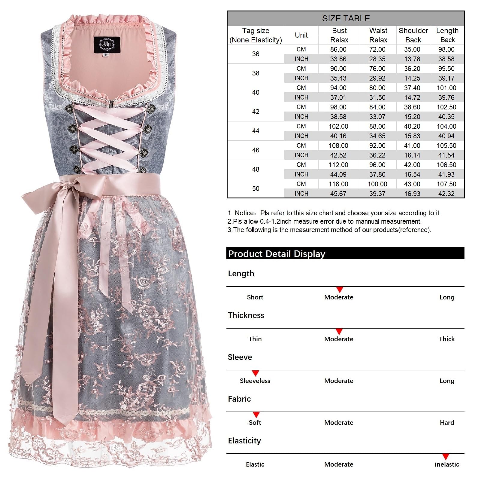 VKI Midi Dirndl Damen Kleid mit Spitzenschürze, Bayerische Tracht Oktoberfest Damen Outfit