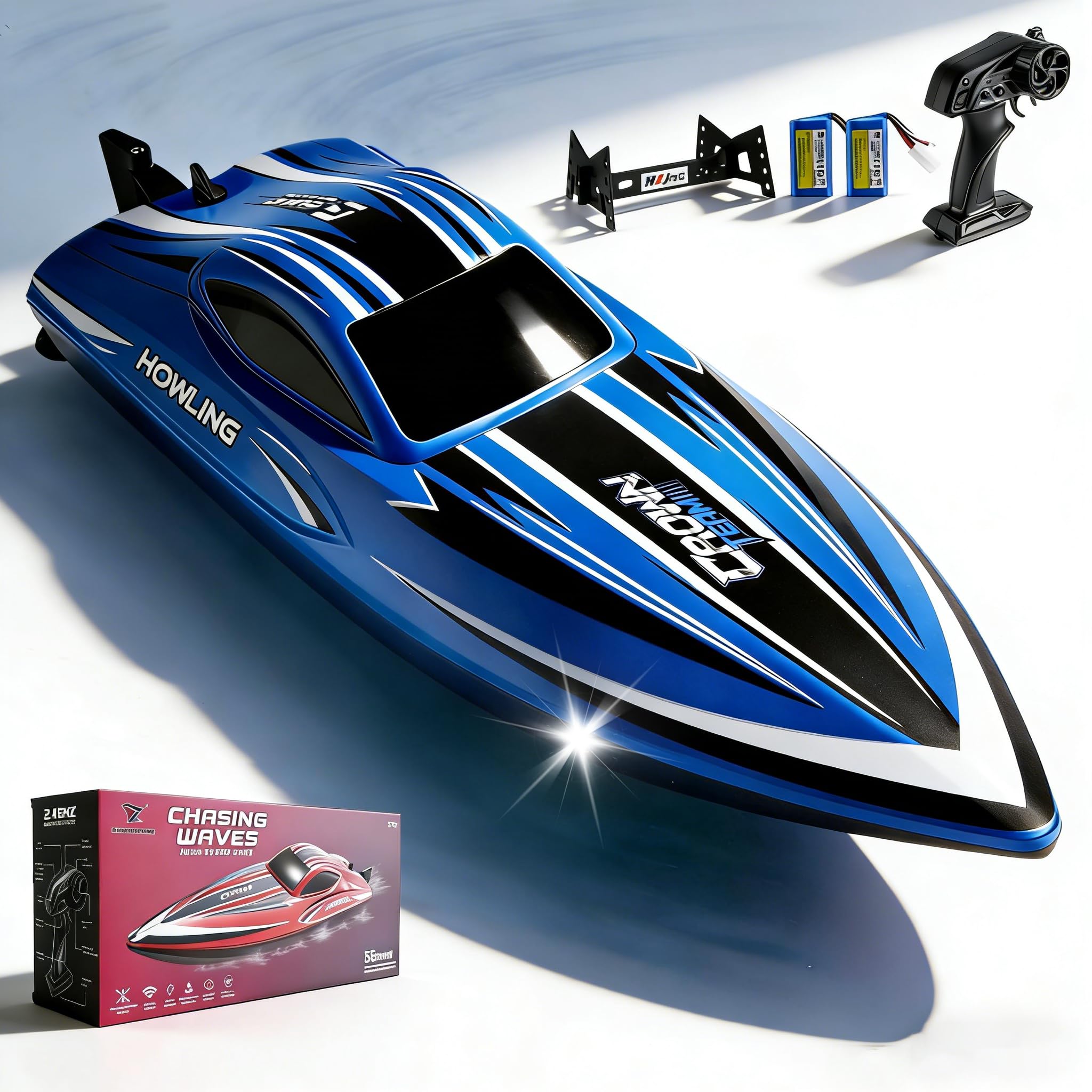 Bateau télécommandé avec éclairage LED, bateau RC de 42 cm, 35 km/h, autonome, 2 batteries, télécommande 2,4 GHz, étanche et résistant aux coups, pour enfants et adultes, piscine, lac (bleu)